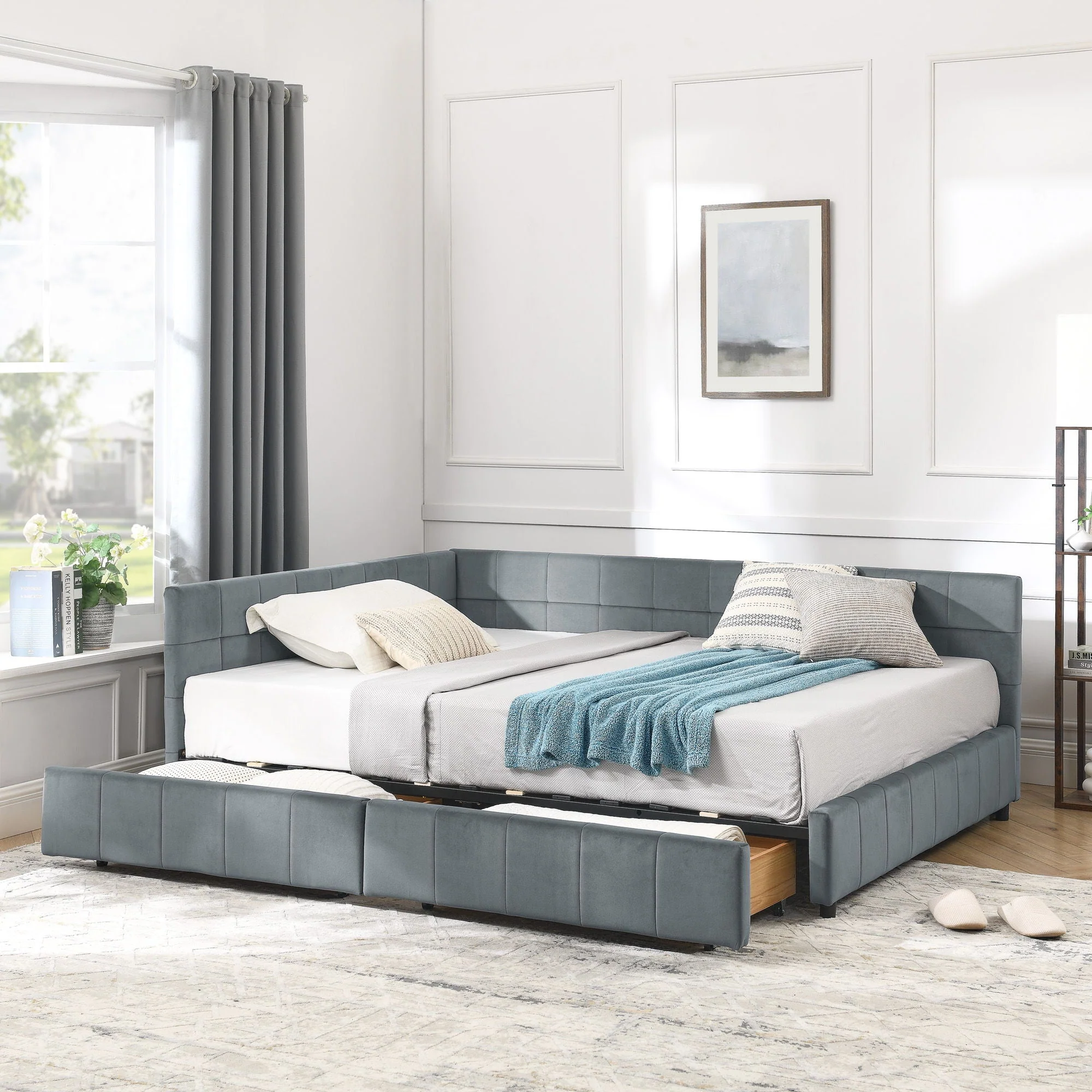 Mid-Century Storage Upholstered Tufted Bed Frame With Backrest And Armrests - Image 44