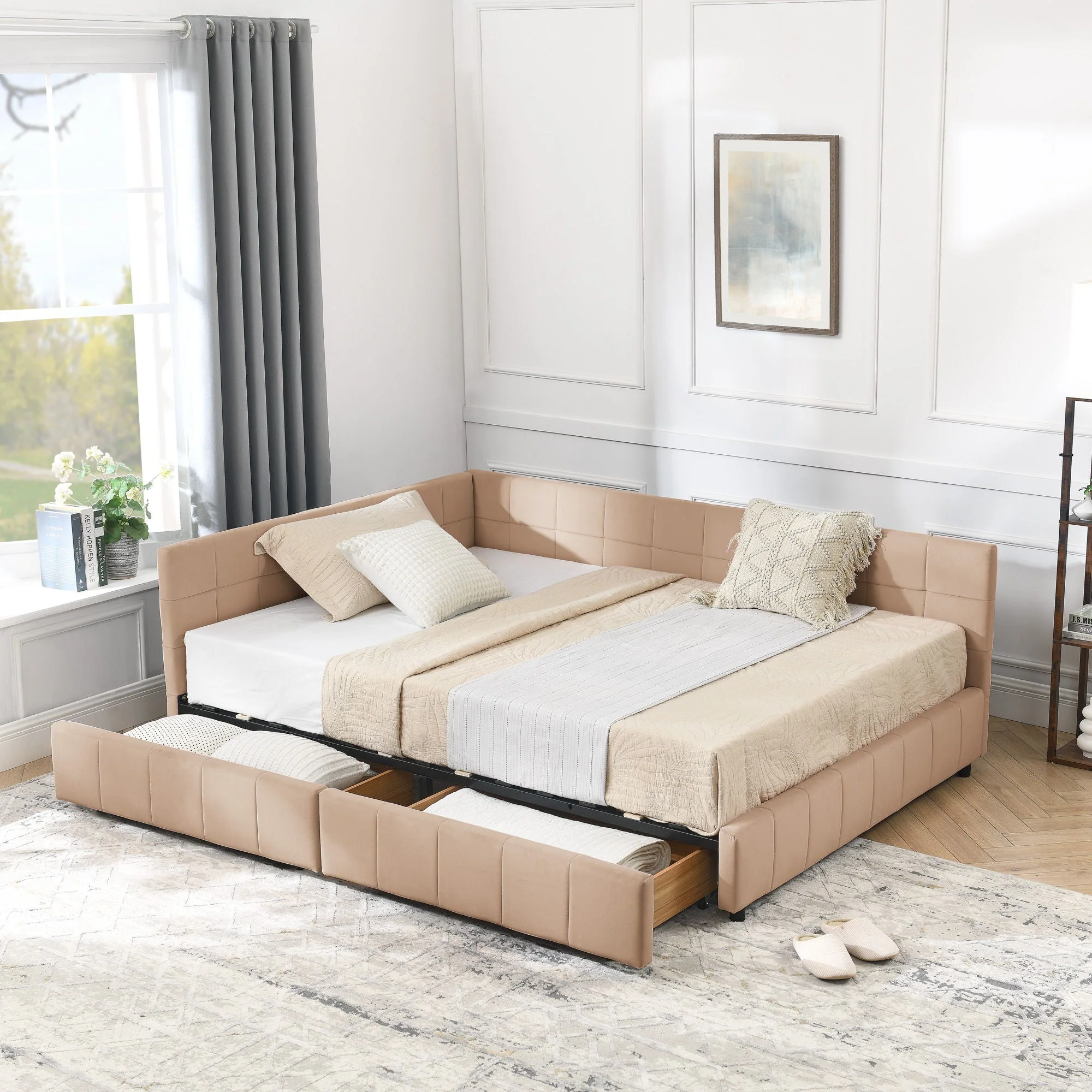 Mid-Century Storage Upholstered Tufted Bed Frame With Backrest And Armrests - Image 45