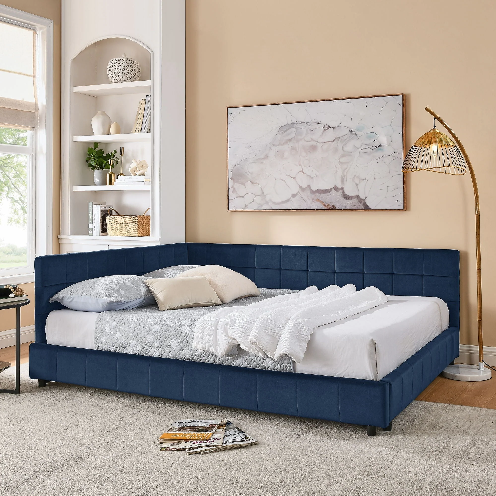 Mid-Century Storage Upholstered Tufted Bed Frame With Backrest And Armrests - Image 46