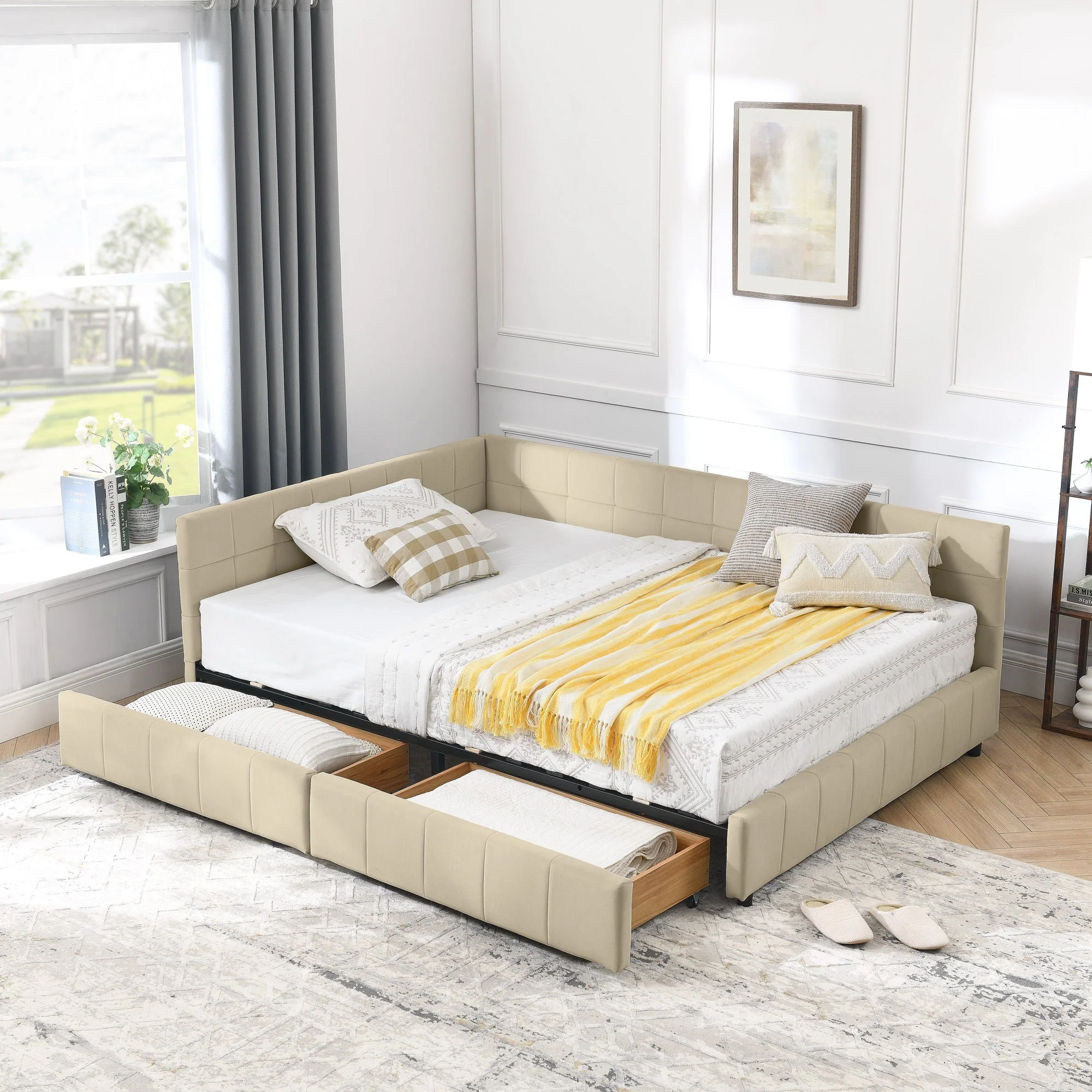 Mid-Century Storage Upholstered Tufted Bed Frame With Backrest And Armrests - Image 47