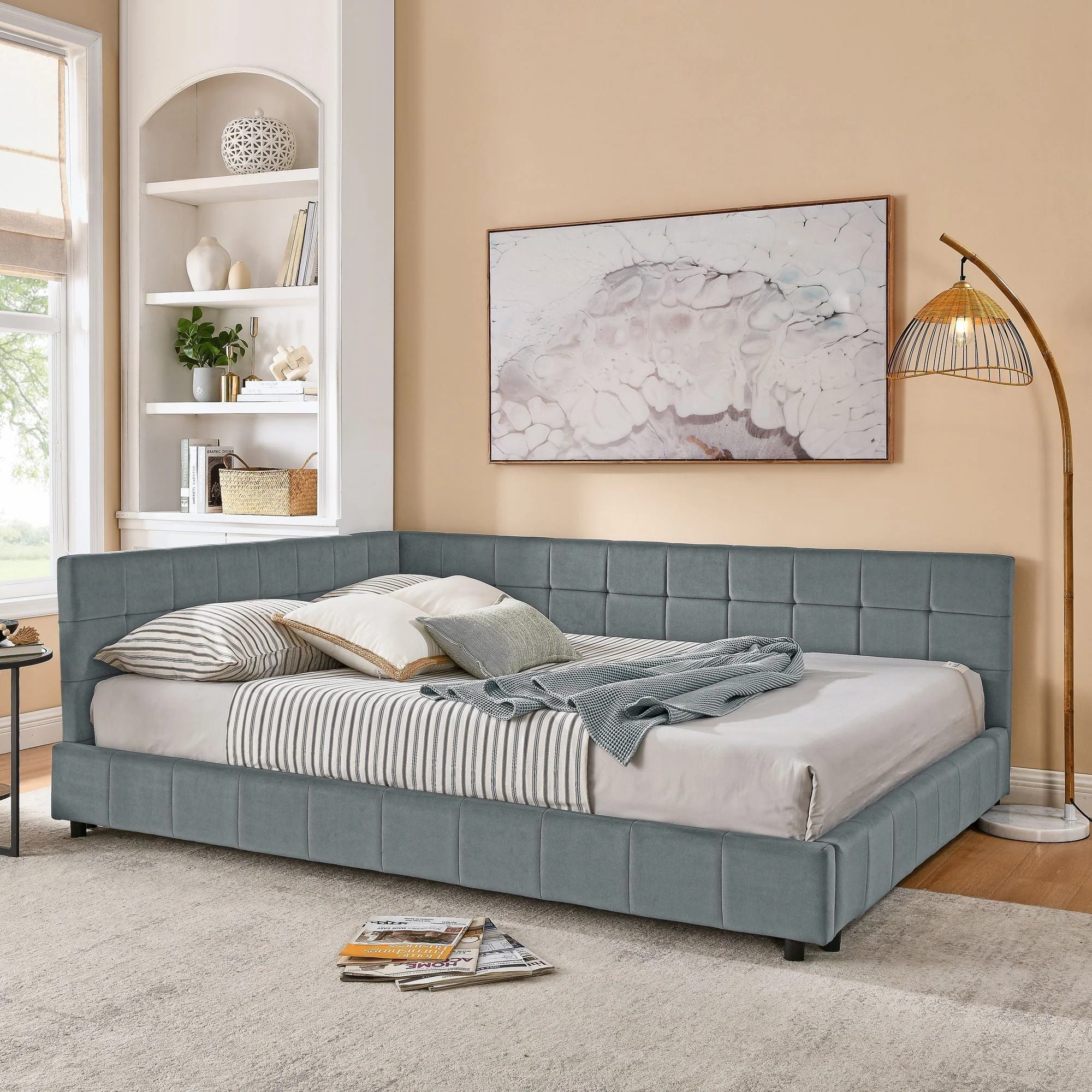 Mid-Century Storage Upholstered Tufted Bed Frame With Backrest And Armrests - Image 50