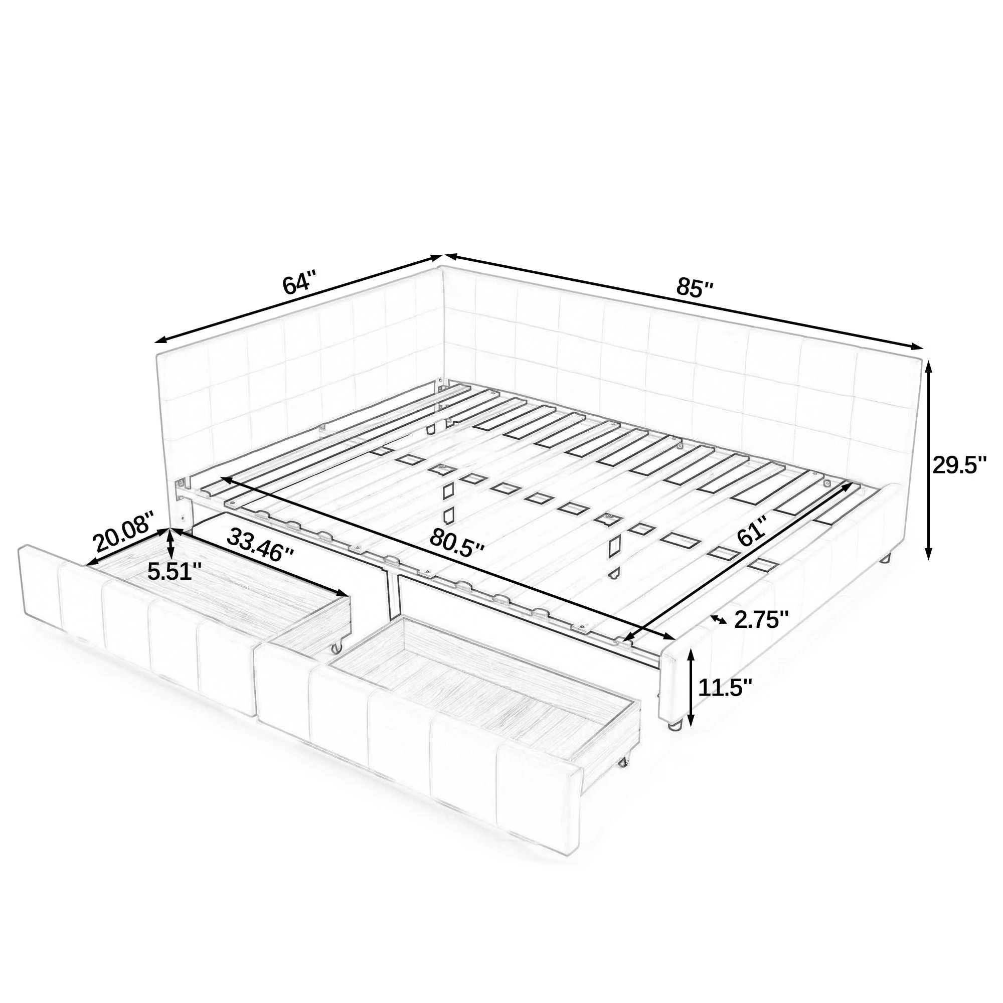 Mid-Century Storage Upholstered Tufted Bed Frame With Backrest And Armrests - Image 51
