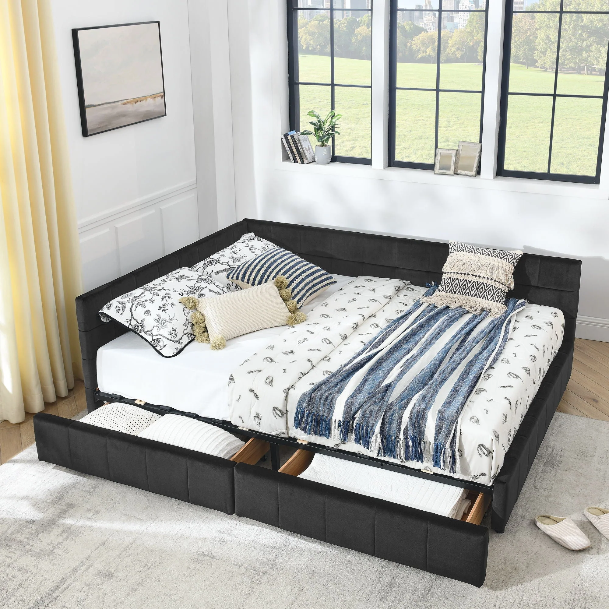 Mid-Century Storage Upholstered Tufted Bed Frame With Backrest And Armrests - Image 52