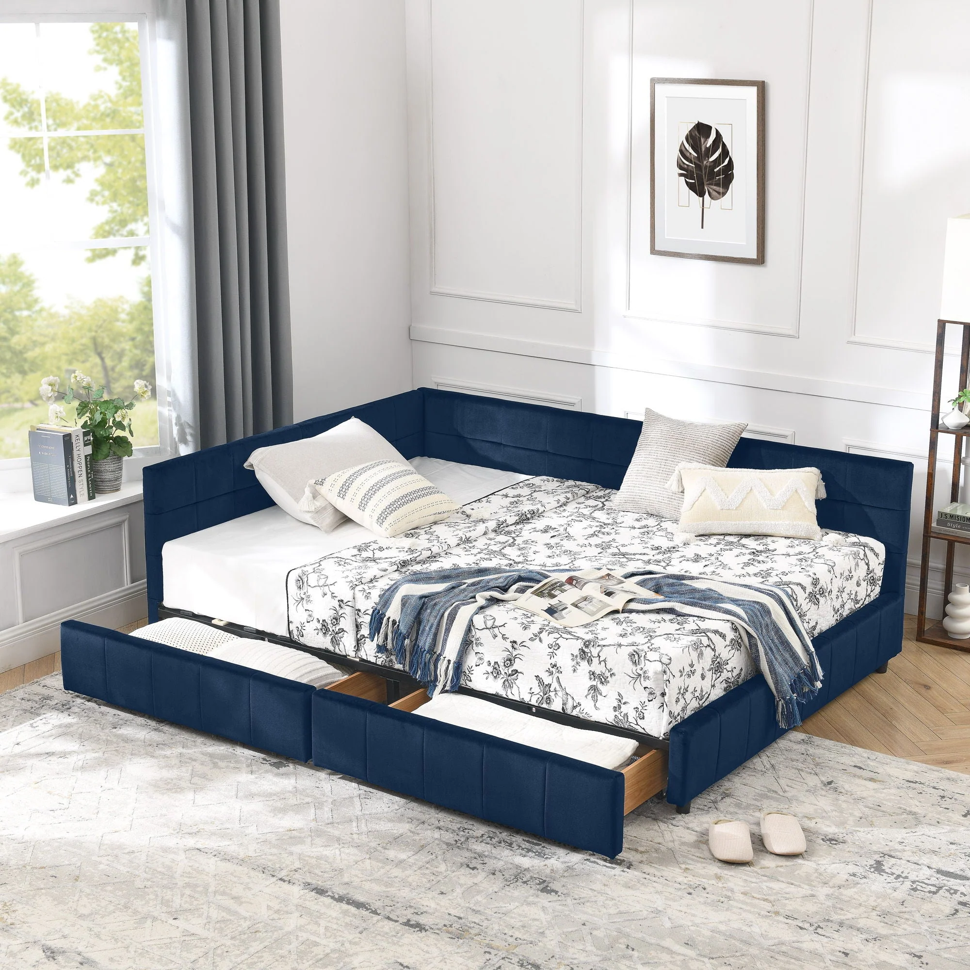 Mid-Century Storage Upholstered Tufted Bed Frame With Backrest And Armrests - Image 53