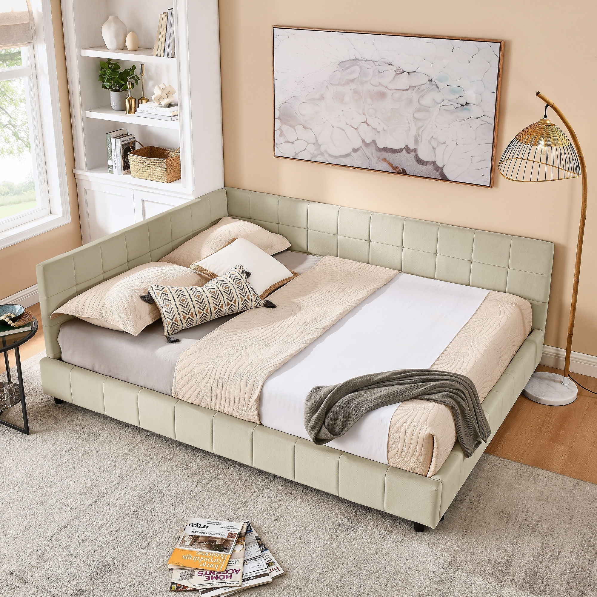 Mid-Century Storage Upholstered Tufted Bed Frame With Backrest And Armrests - Image 54