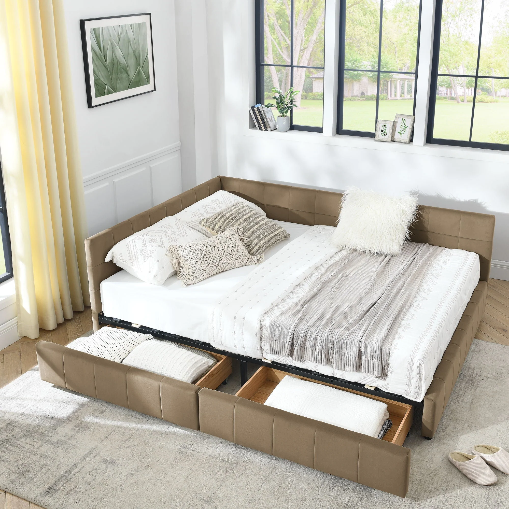 Mid-Century Storage Upholstered Tufted Bed Frame With Backrest And Armrests - Image 55