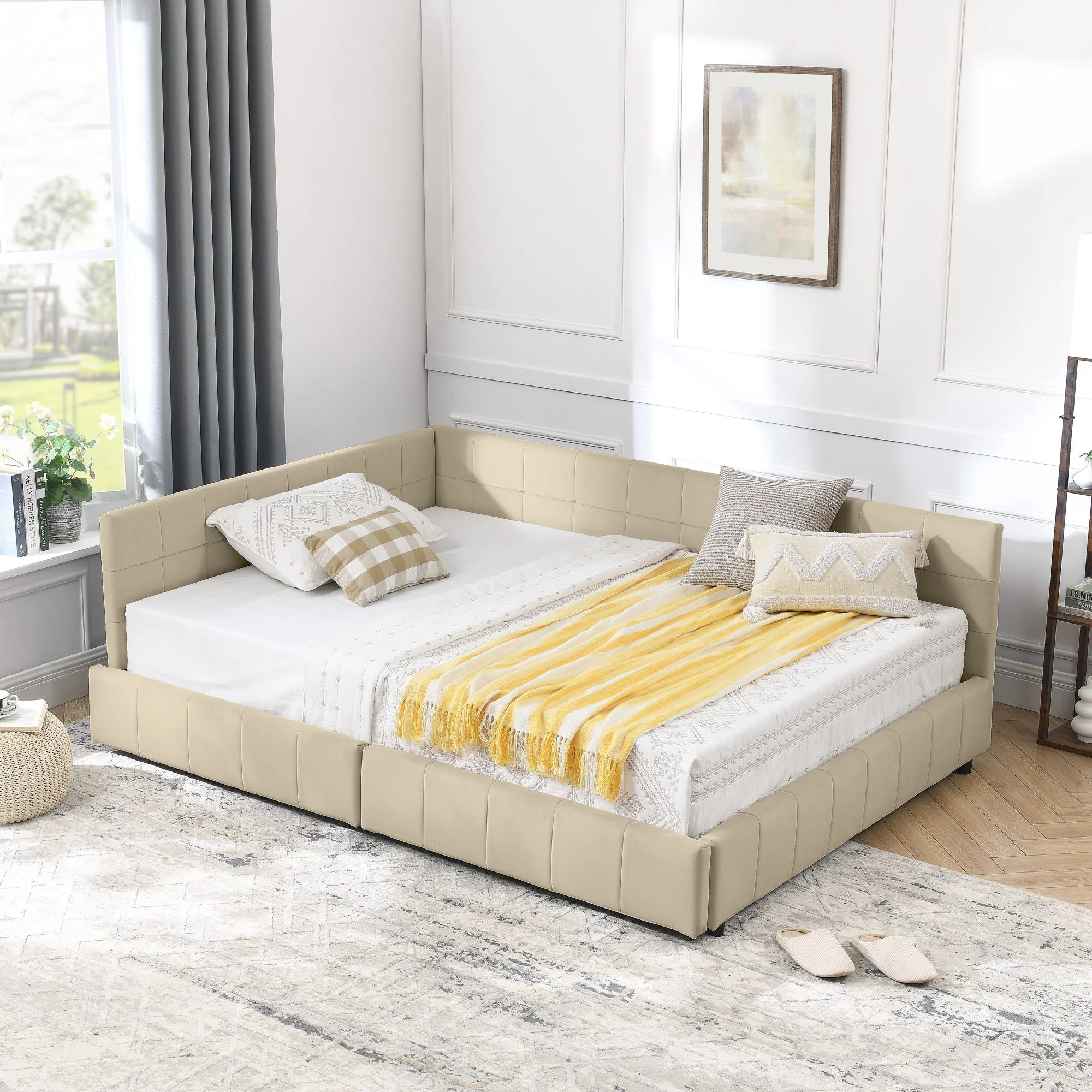 Mid-Century Storage Upholstered Tufted Bed Frame With Backrest And Armrests - Image 56