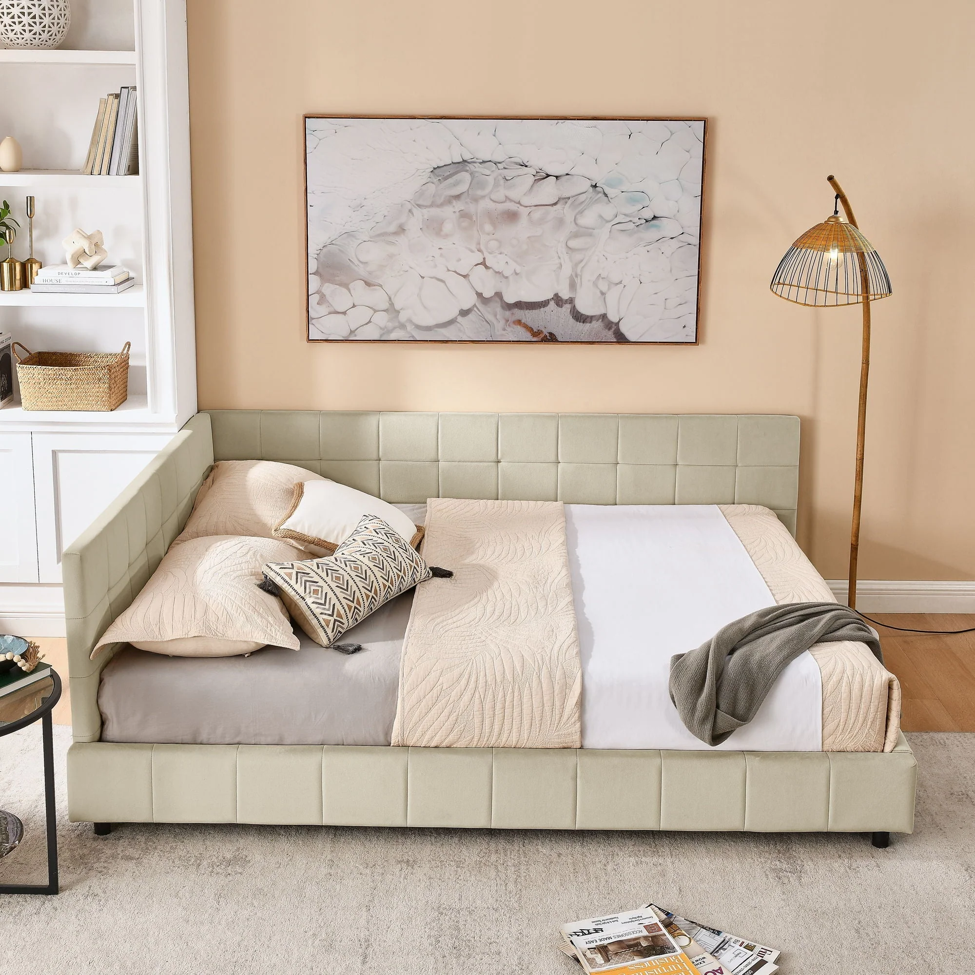 Mid-Century Storage Upholstered Tufted Bed Frame With Backrest And Armrests - Image 57