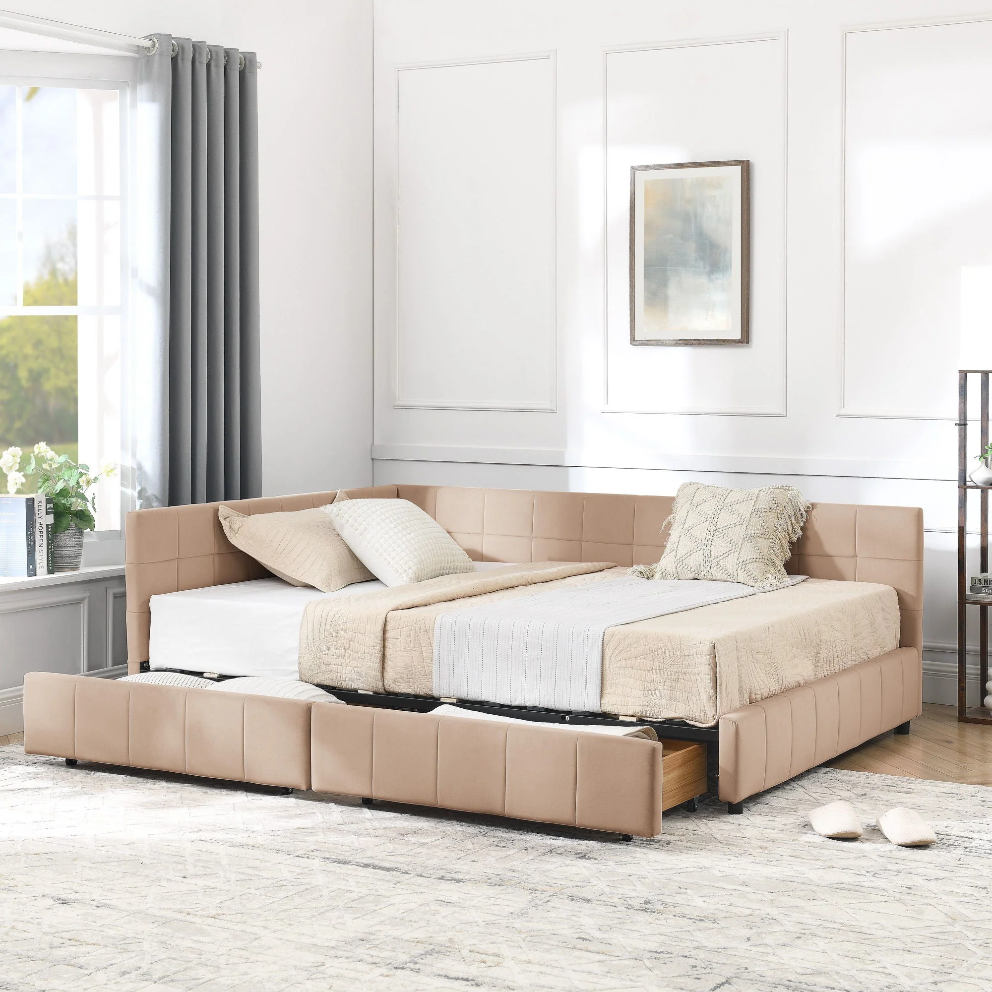 Mid-Century Storage Upholstered Tufted Bed Frame With Backrest And Armrests - Image 58