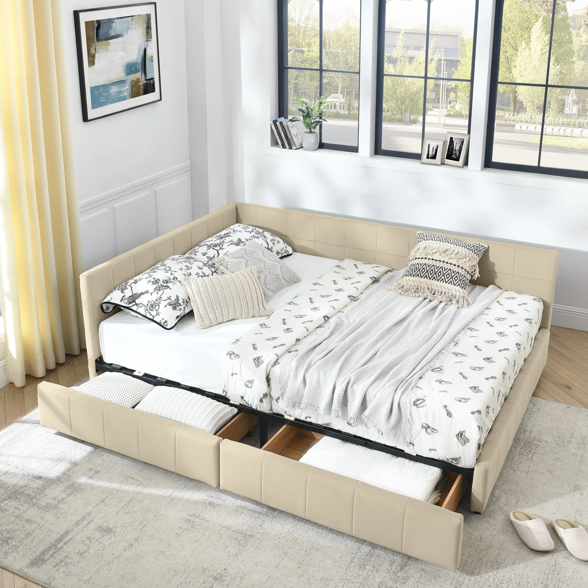Mid-Century Storage Upholstered Tufted Bed Frame With Backrest And Armrests - Image 59