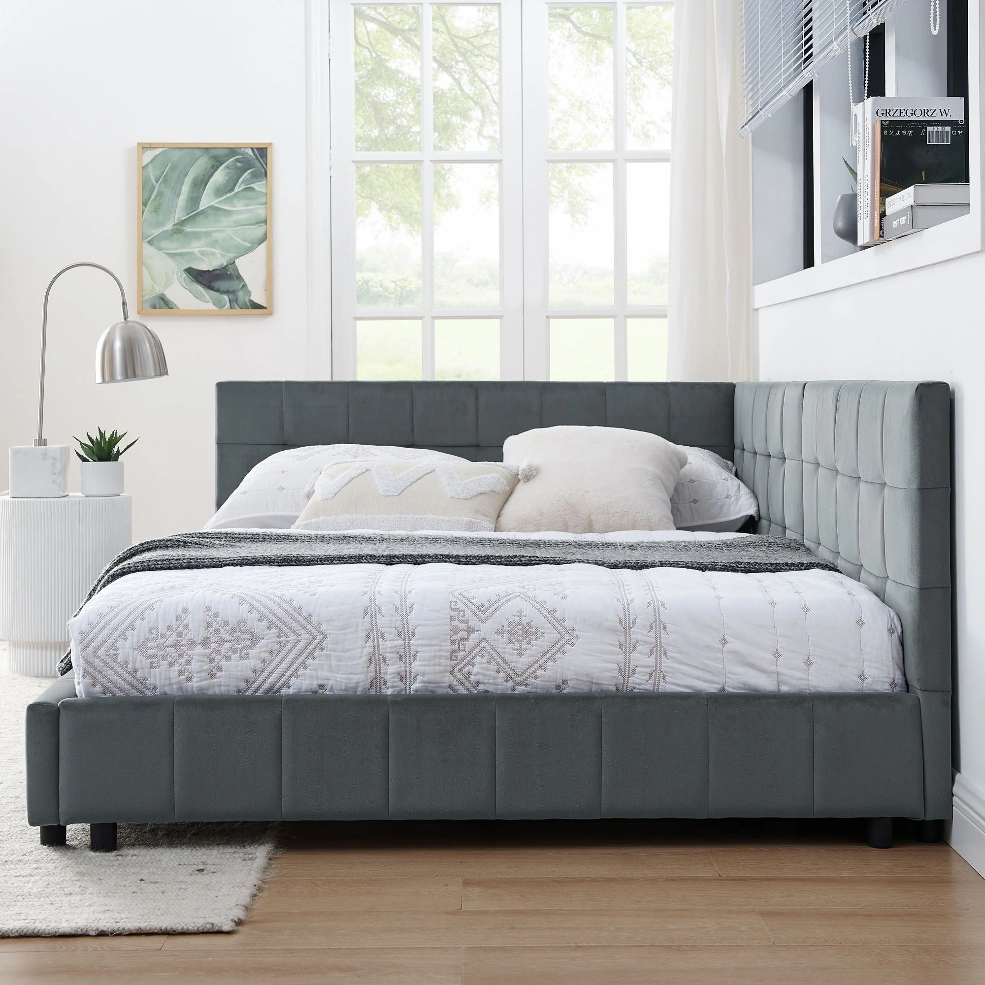Mid-Century Storage Upholstered Tufted Bed Frame With Backrest And Armrests - Image 61