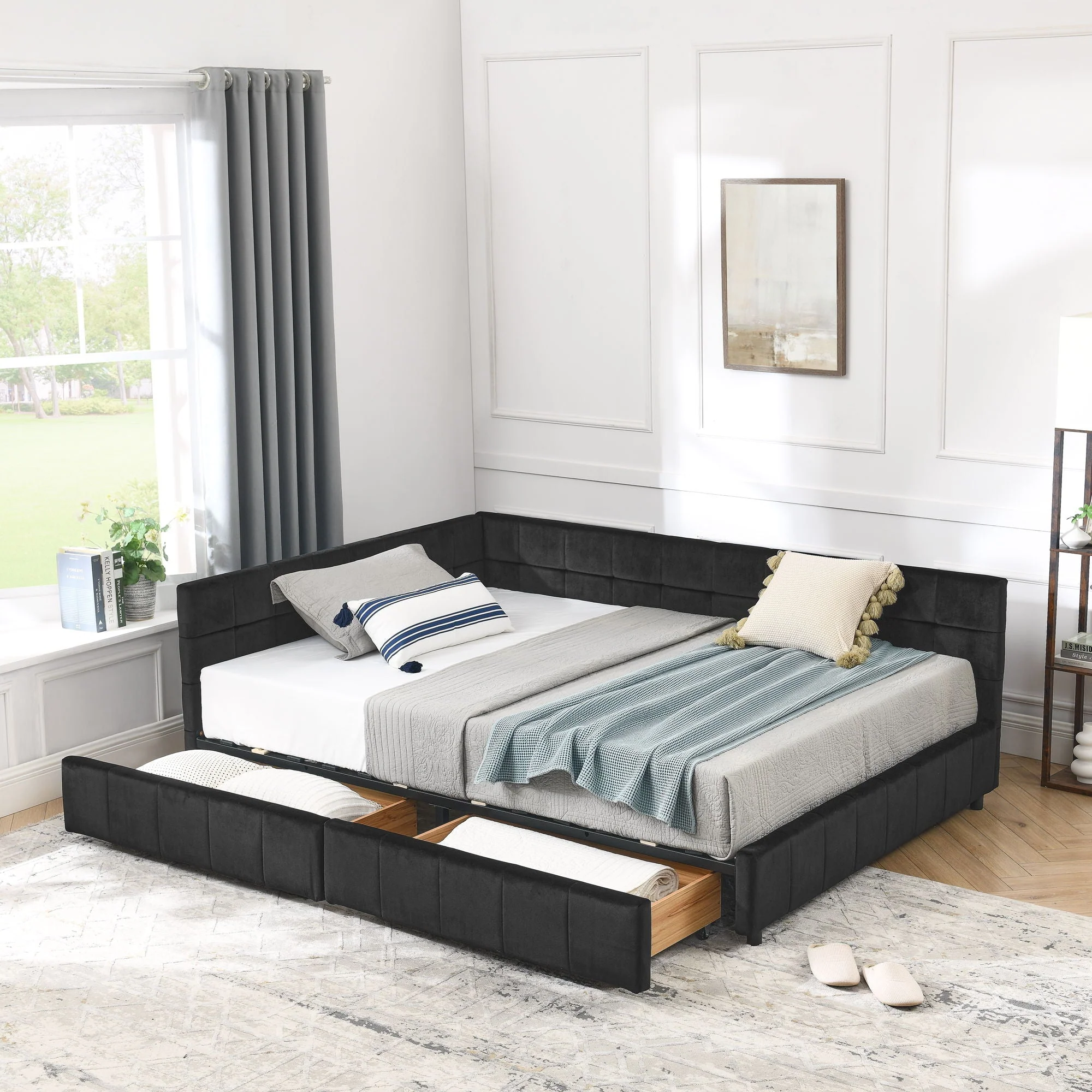 Mid-Century Storage Upholstered Tufted Bed Frame With Backrest And Armrests - Image 62