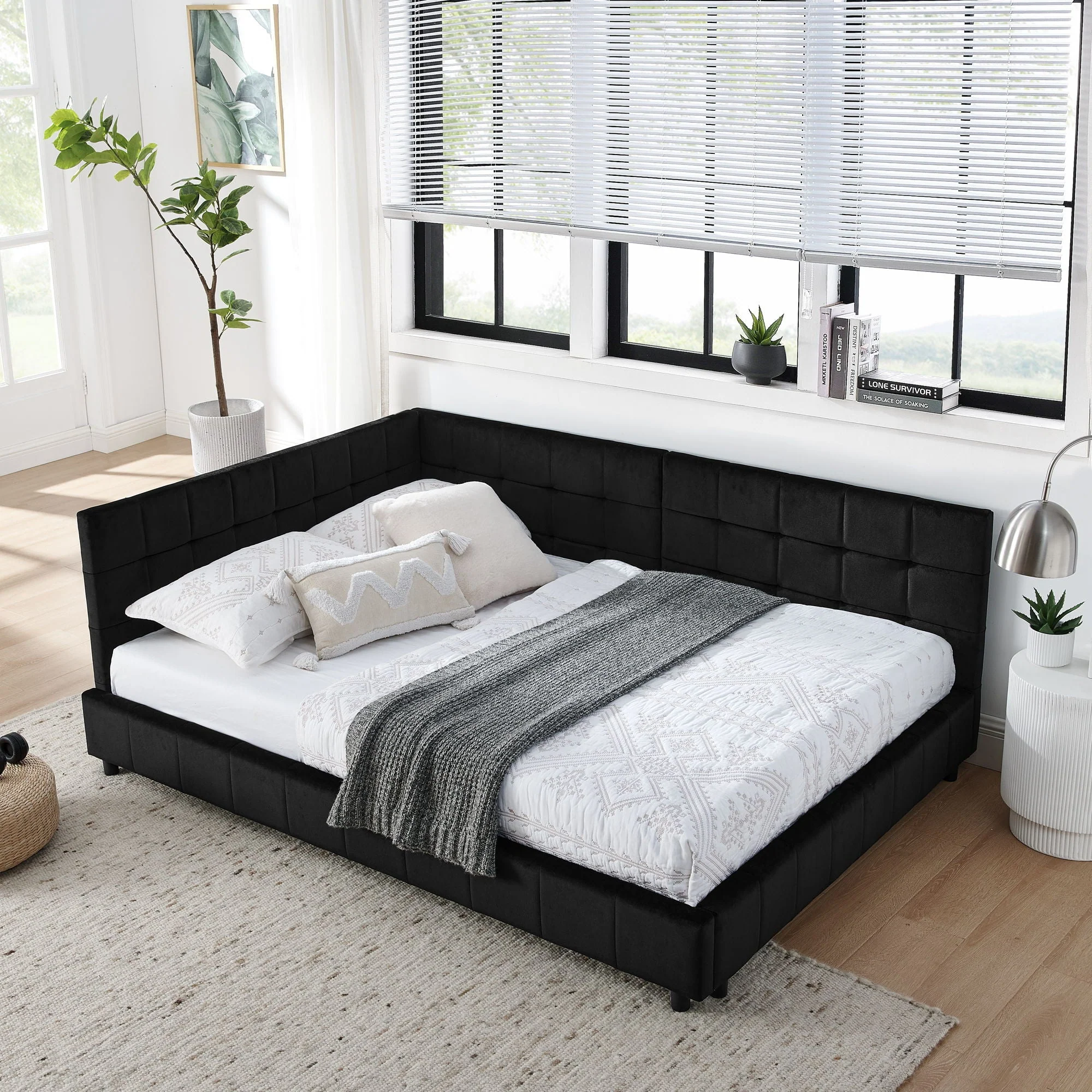 Mid-Century Storage Upholstered Tufted Bed Frame With Backrest And Armrests - Image 63
