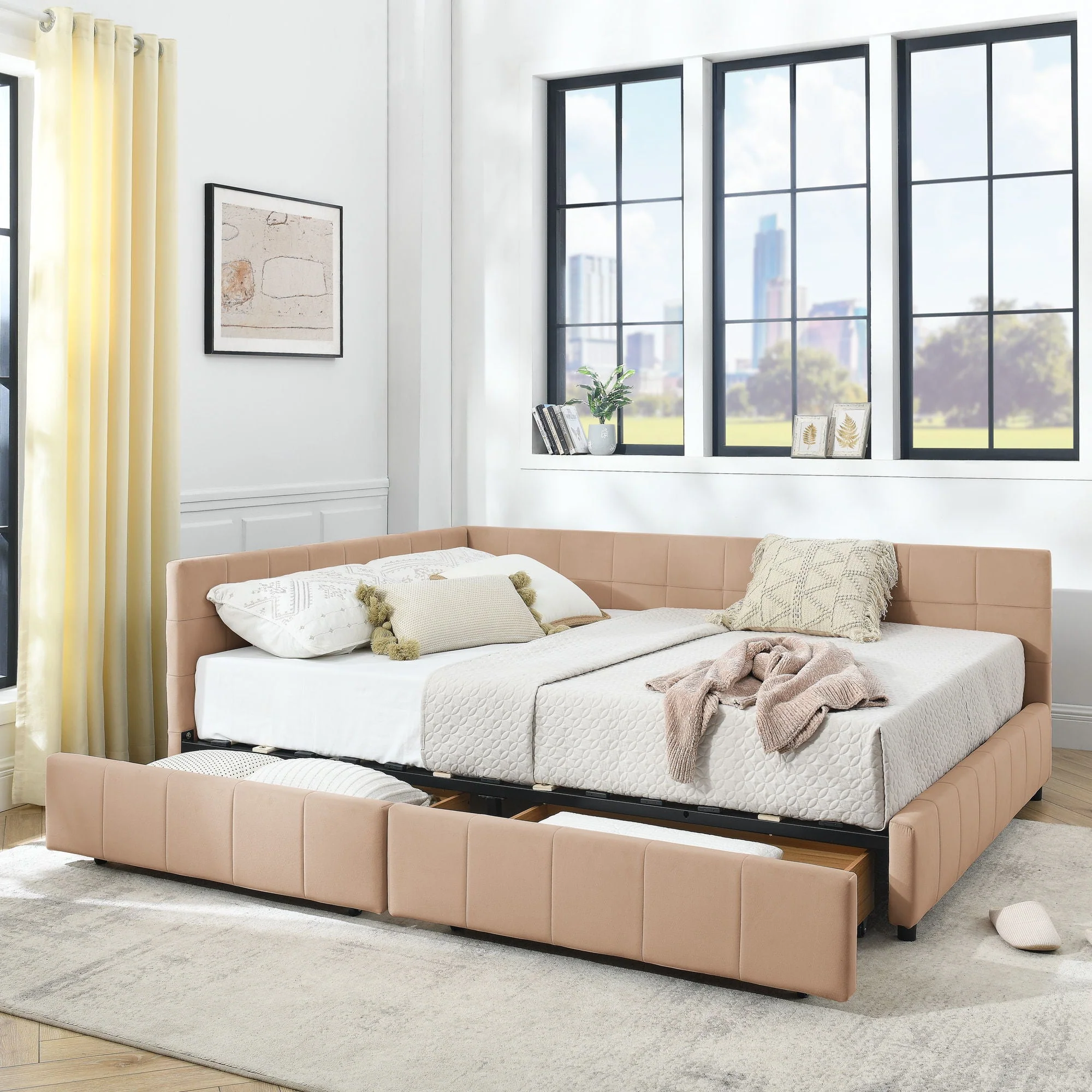 Mid-Century Storage Upholstered Tufted Bed Frame With Backrest And Armrests - Image 64