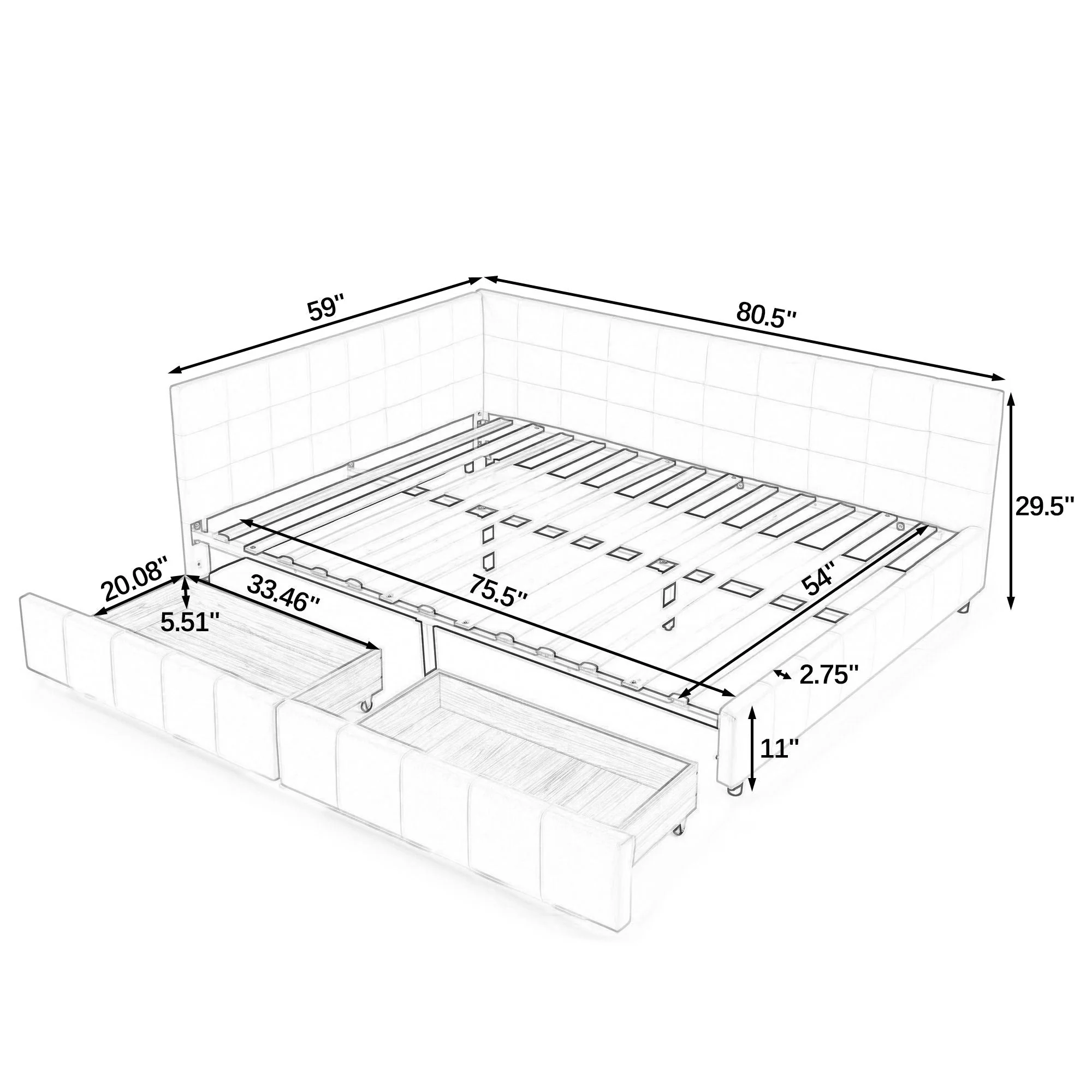 Mid-Century Storage Upholstered Tufted Bed Frame With Backrest And Armrests - Image 65