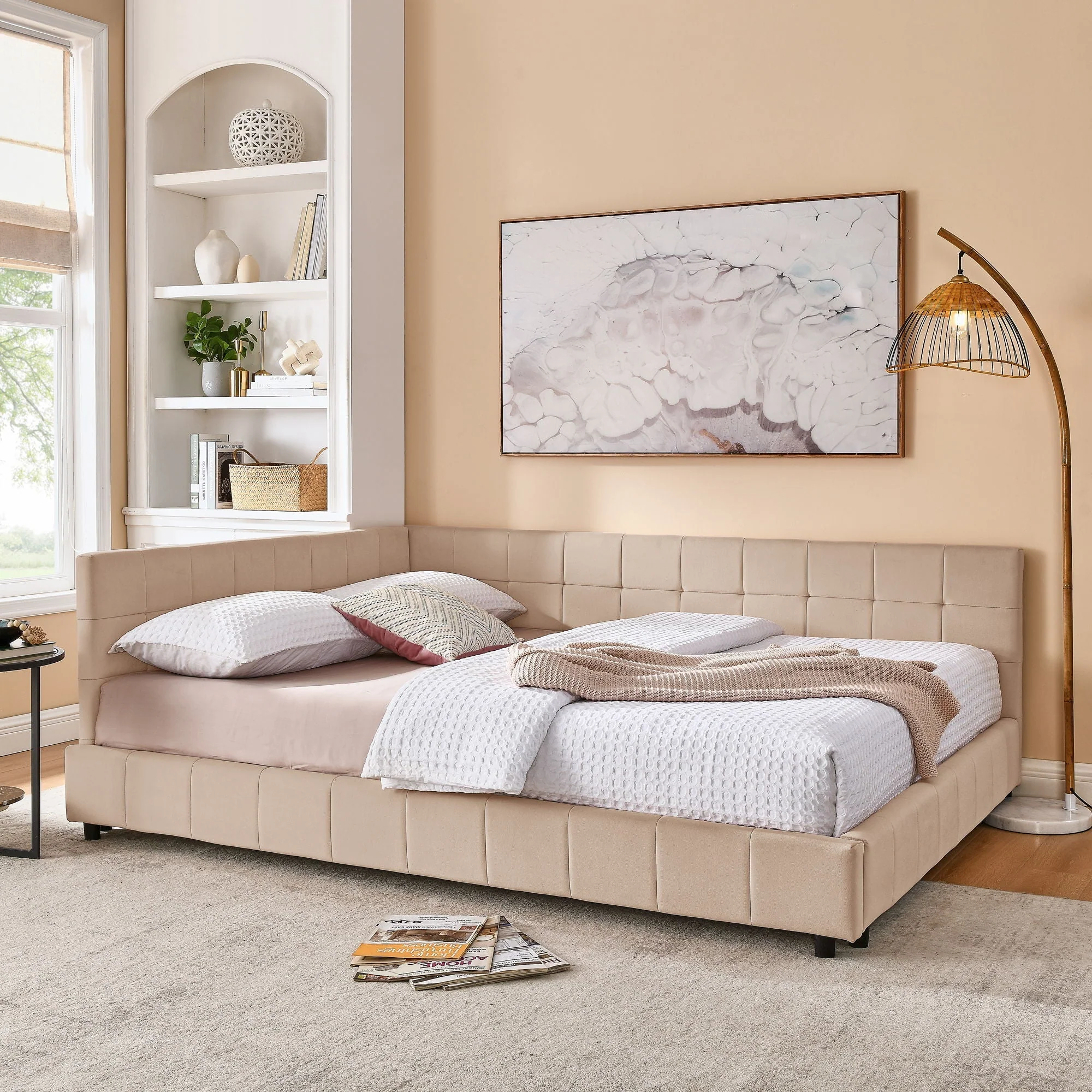 Mid-Century Storage Upholstered Tufted Bed Frame With Backrest And Armrests - Image 66