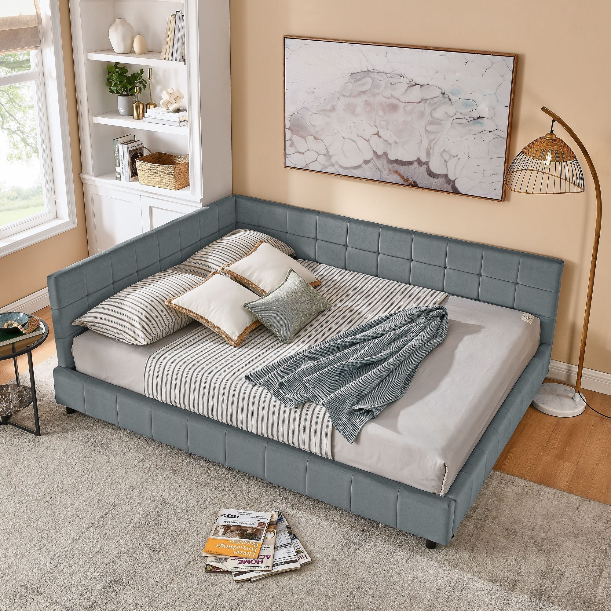 Mid-Century Storage Upholstered Tufted Bed Frame With Backrest And Armrests - Image 68