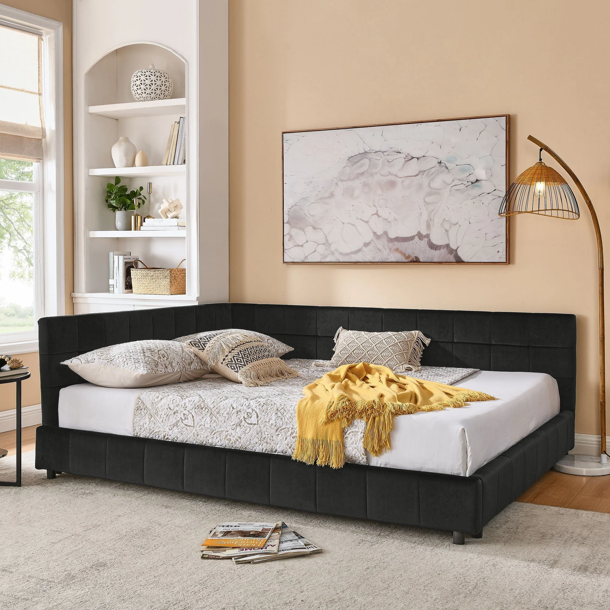 Mid-Century Storage Upholstered Tufted Bed Frame With Backrest And Armrests - Image 69