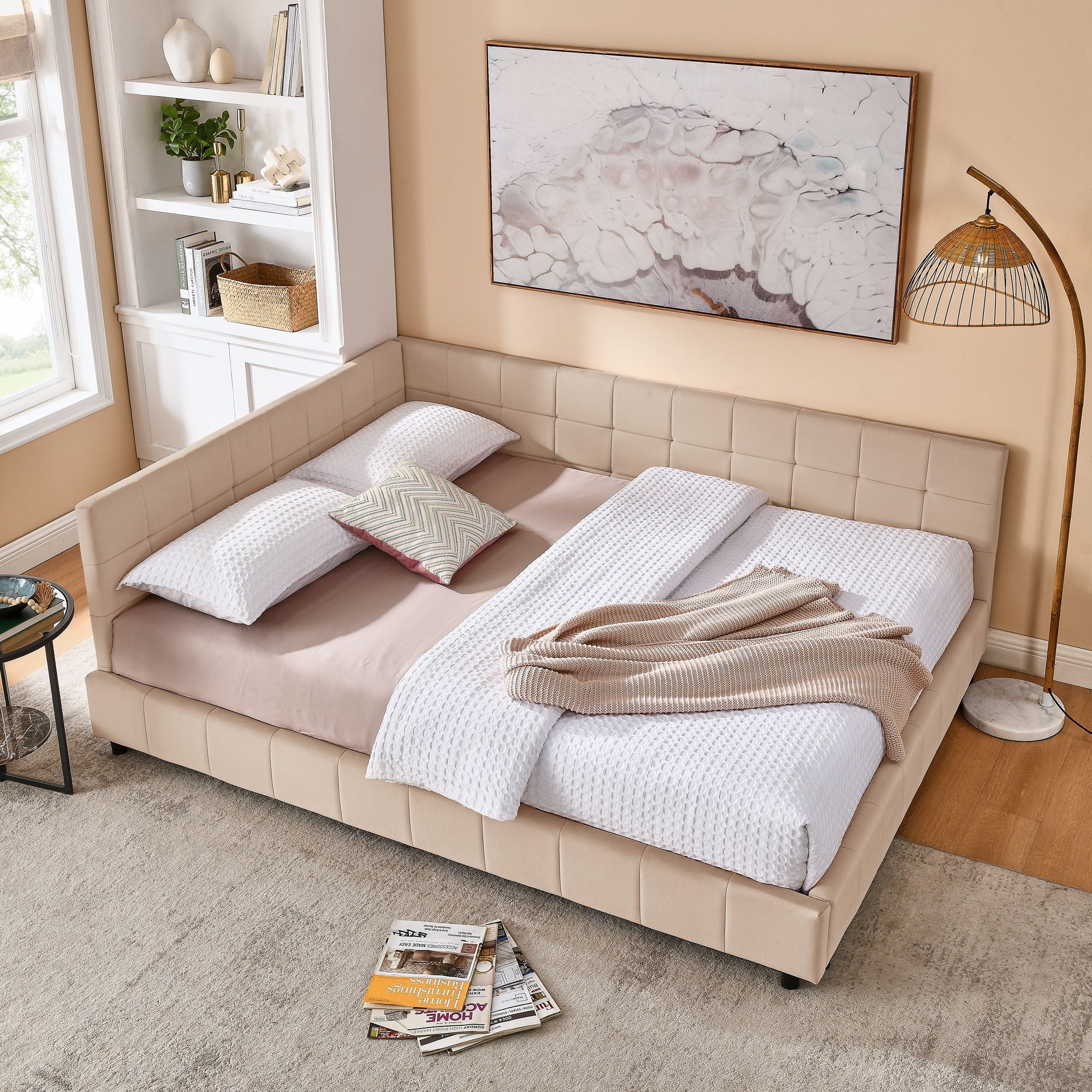 Mid-Century Storage Upholstered Tufted Bed Frame With Backrest And Armrests - Image 70