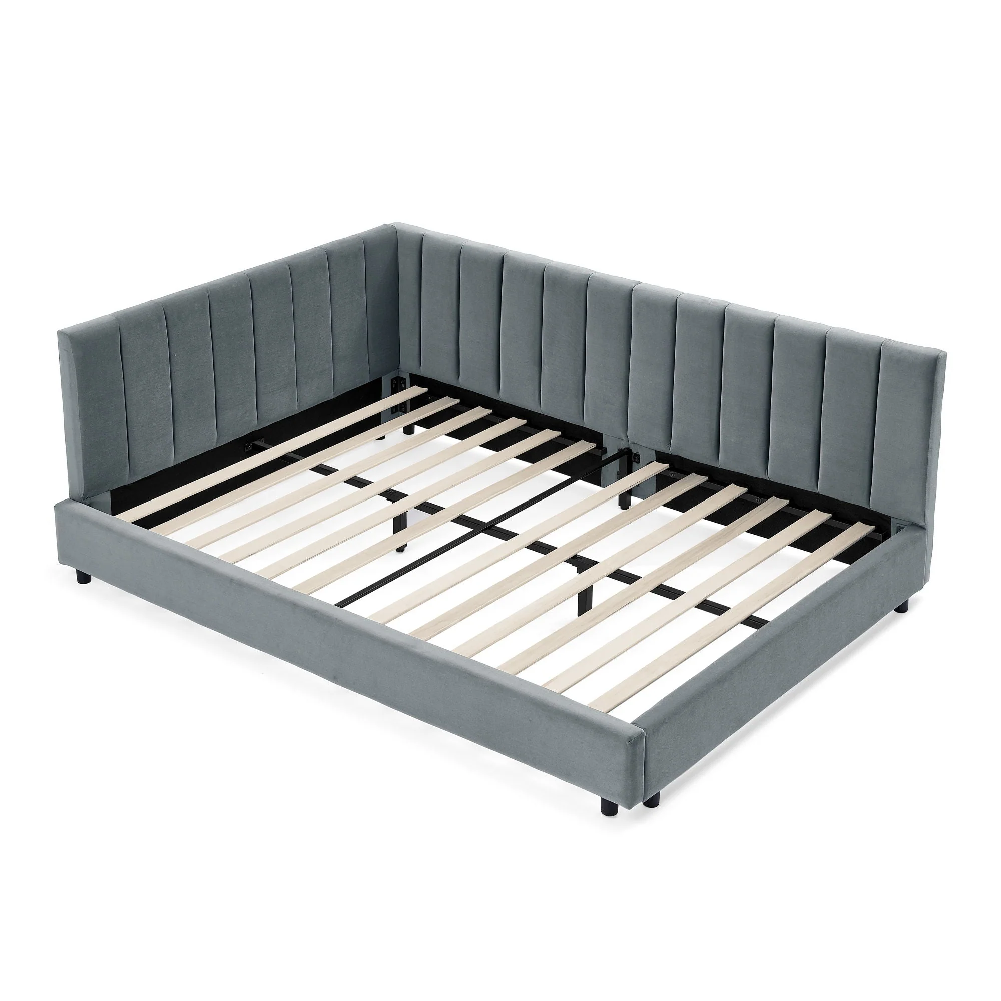 Mid-Century Upholstered Tufted Bed Frame With Backrest And Armrests