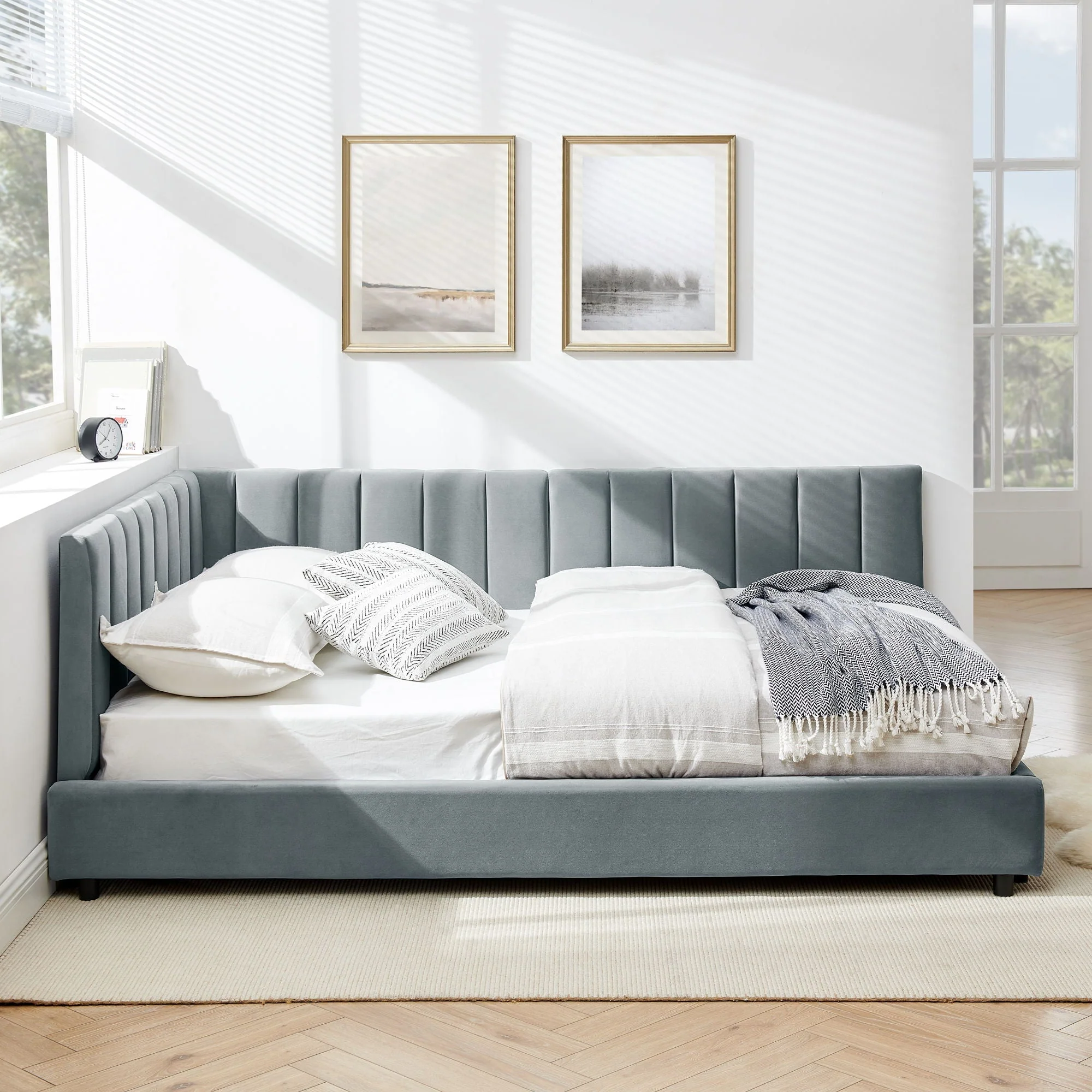 Mid-Century Upholstered Tufted Bed Frame With Backrest And Armrests - Image 10