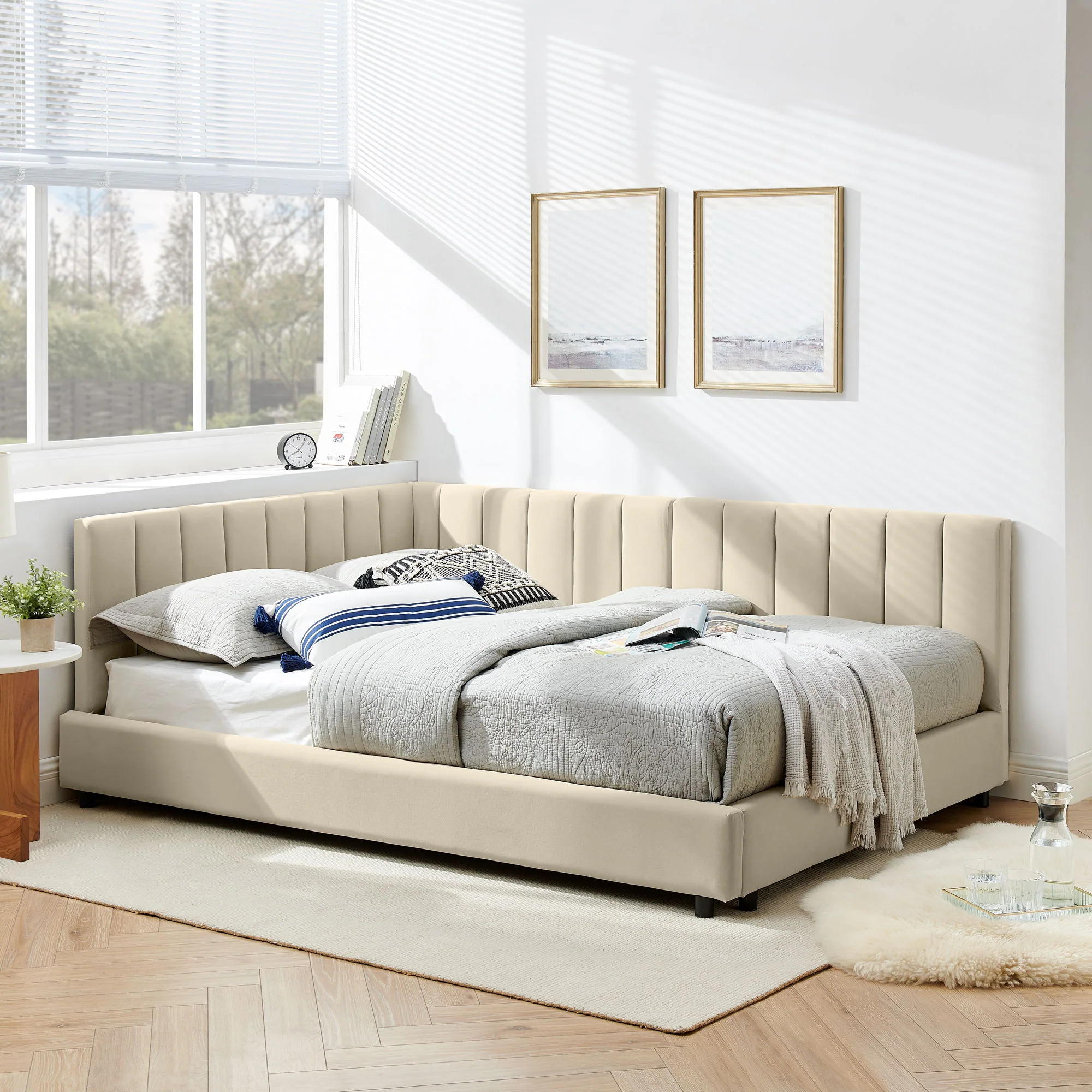 Mid-Century Upholstered Tufted Bed Frame With Backrest And Armrests - Image 4