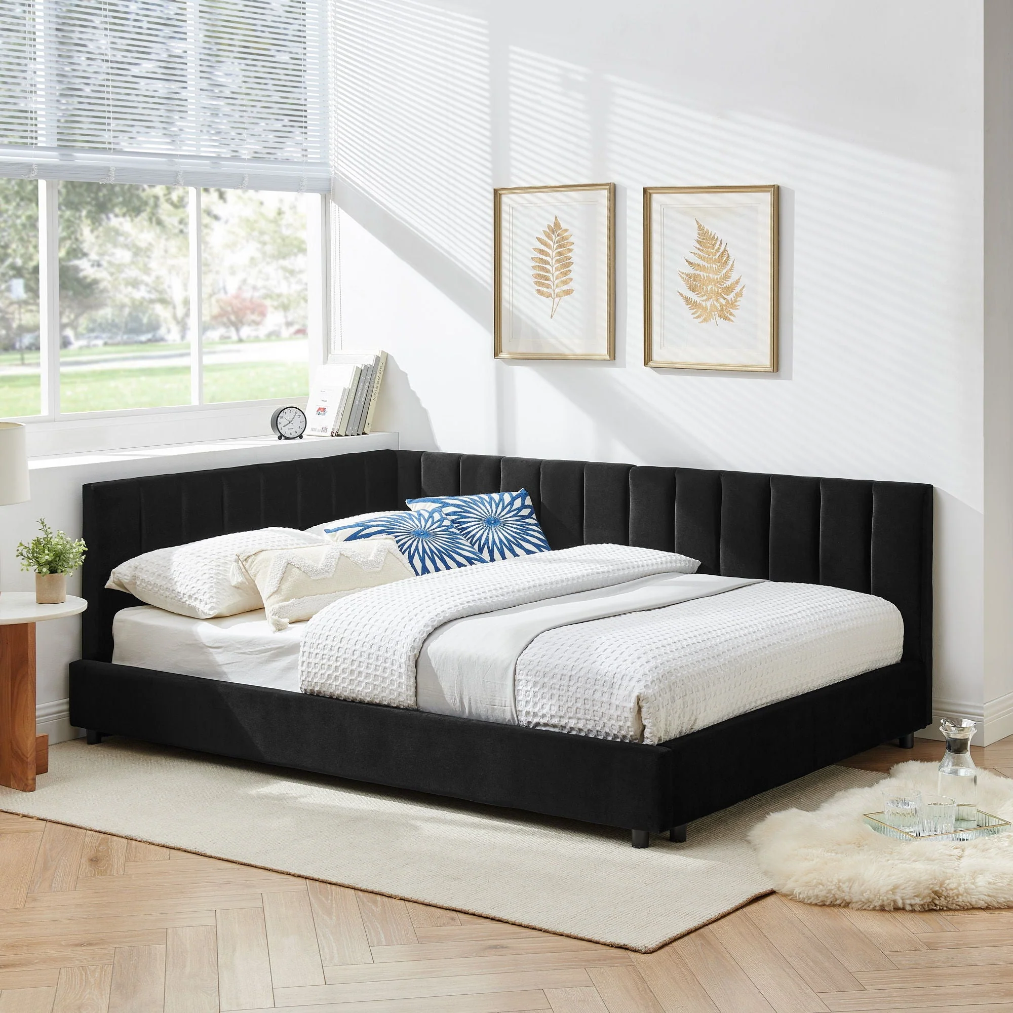 Mid-Century Upholstered Tufted Bed Frame With Backrest And Armrests - Image 5