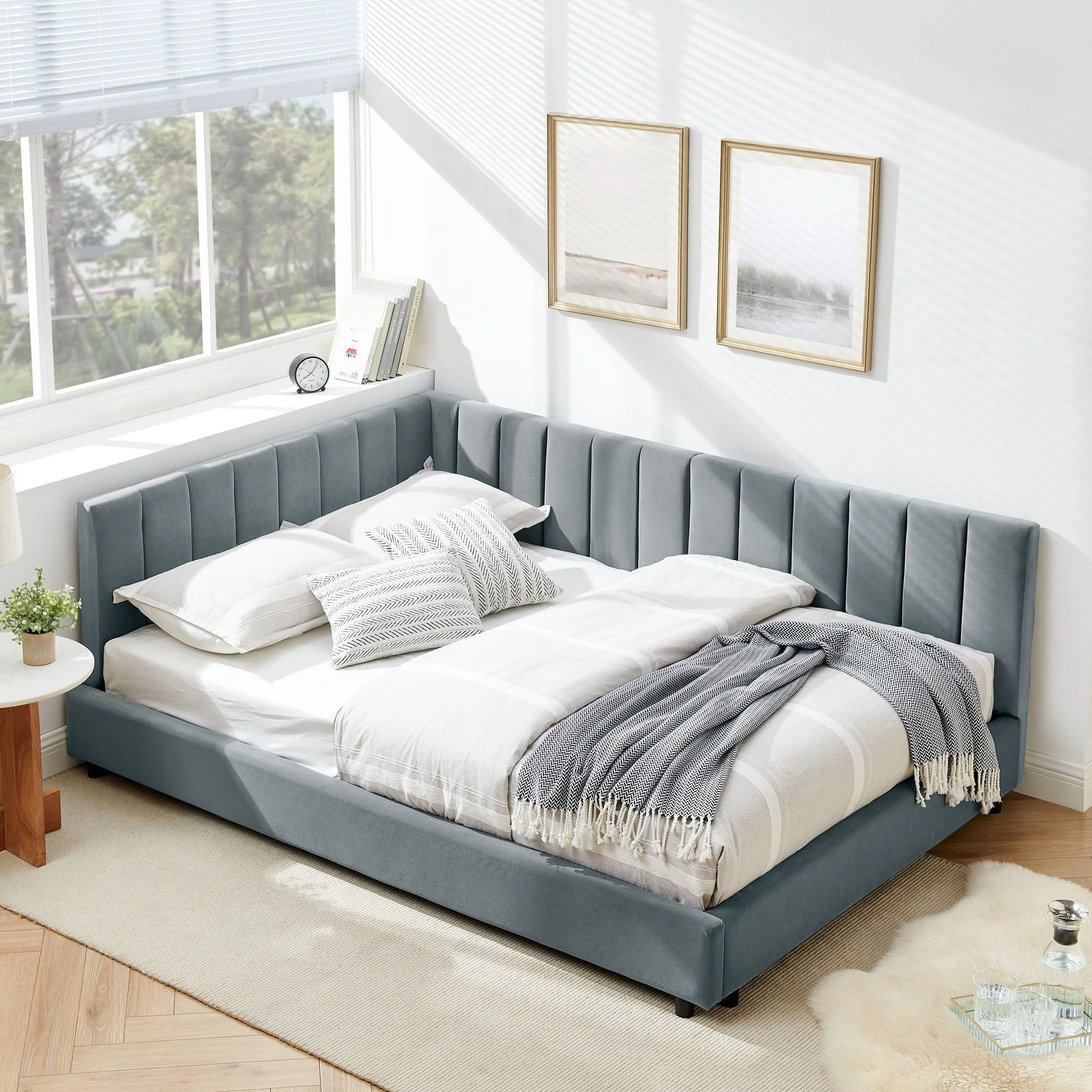 Mid-Century Upholstered Tufted Bed Frame With Backrest And Armrests - Image 7