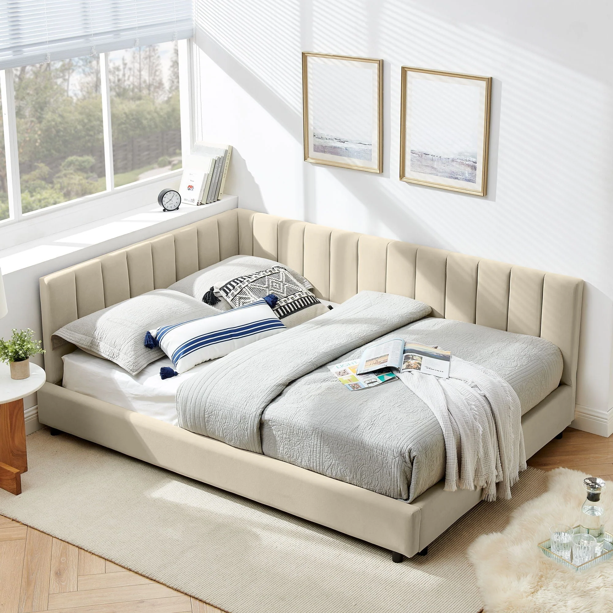 Mid-Century Upholstered Tufted Bed Frame With Backrest And Armrests - Image 8