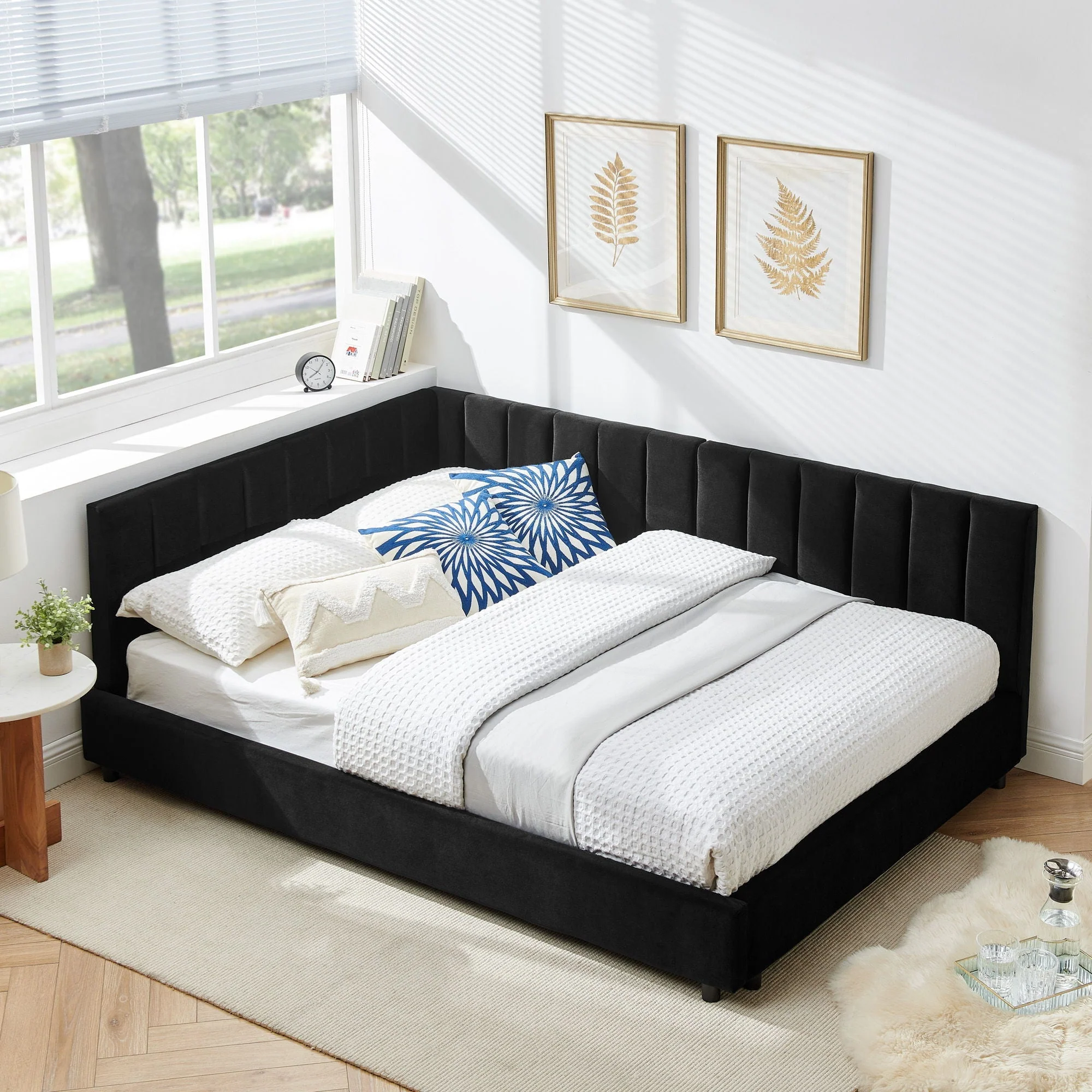 Mid-Century Upholstered Tufted Bed Frame With Backrest And Armrests - Image 9