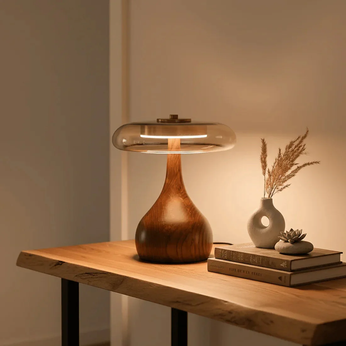 Mid Century Wood Glass Table Lamp LED Dimmable Walnut Disc Light - Image 10