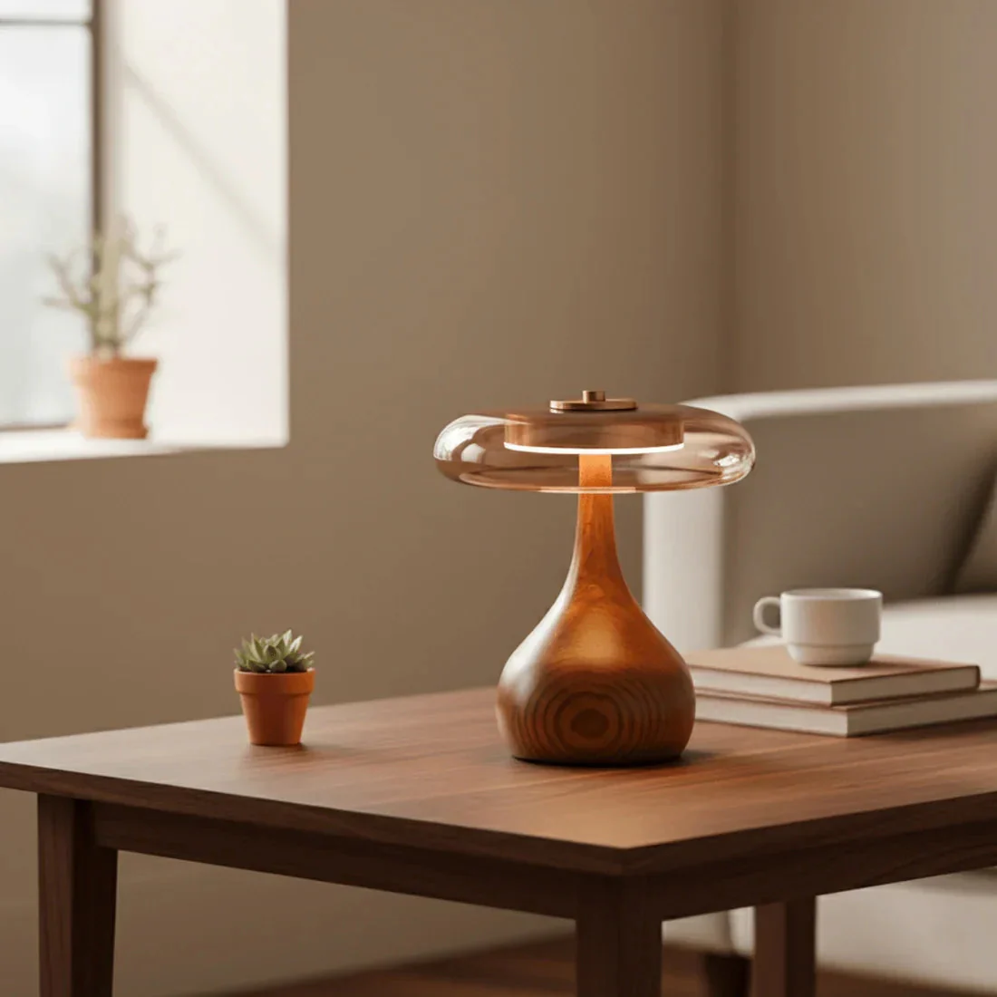 Mid Century Wood Glass Table Lamp LED Dimmable Walnut Disc Light - Image 11
