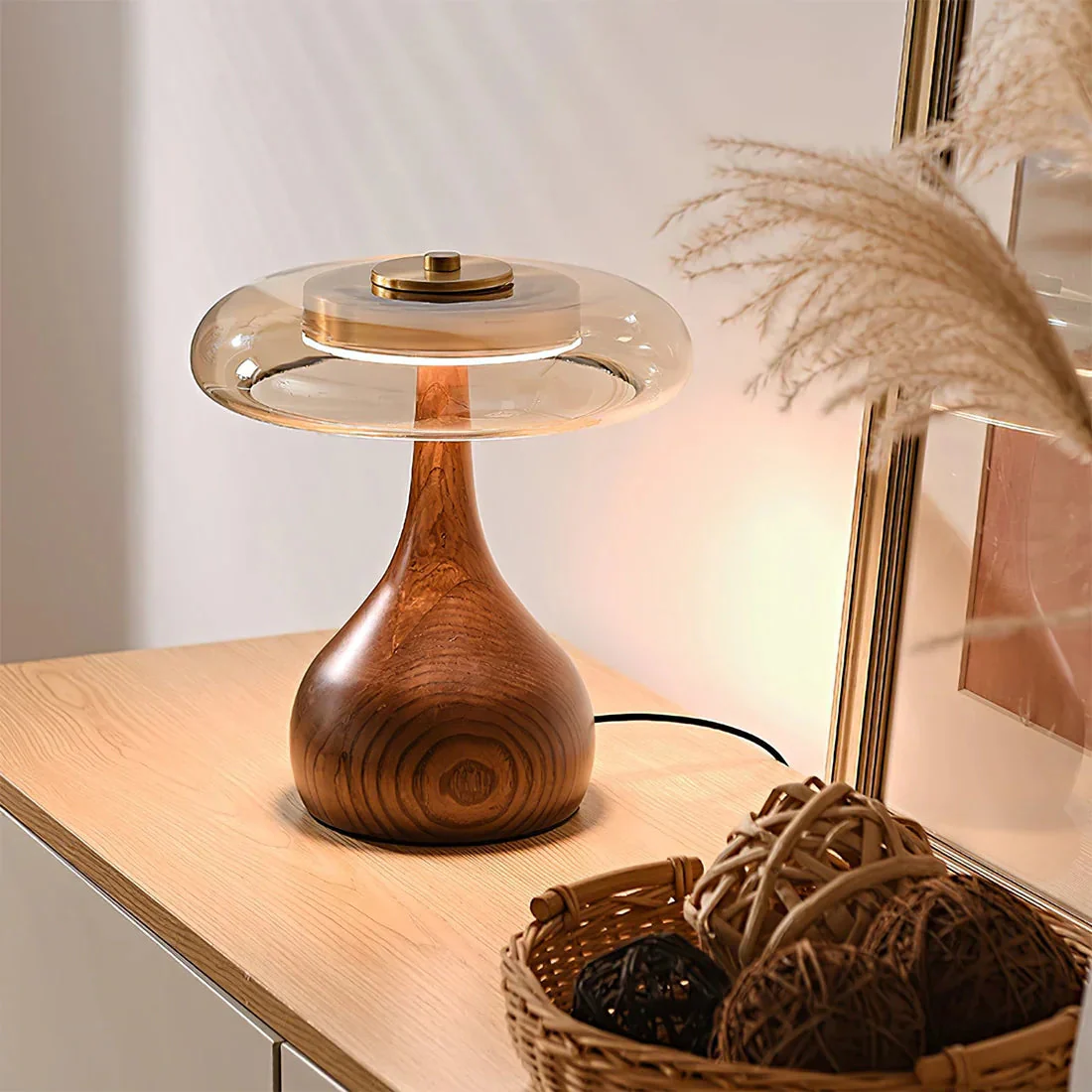 Mid Century Wood Glass Table Lamp LED Dimmable Walnut Disc Light - Image 12
