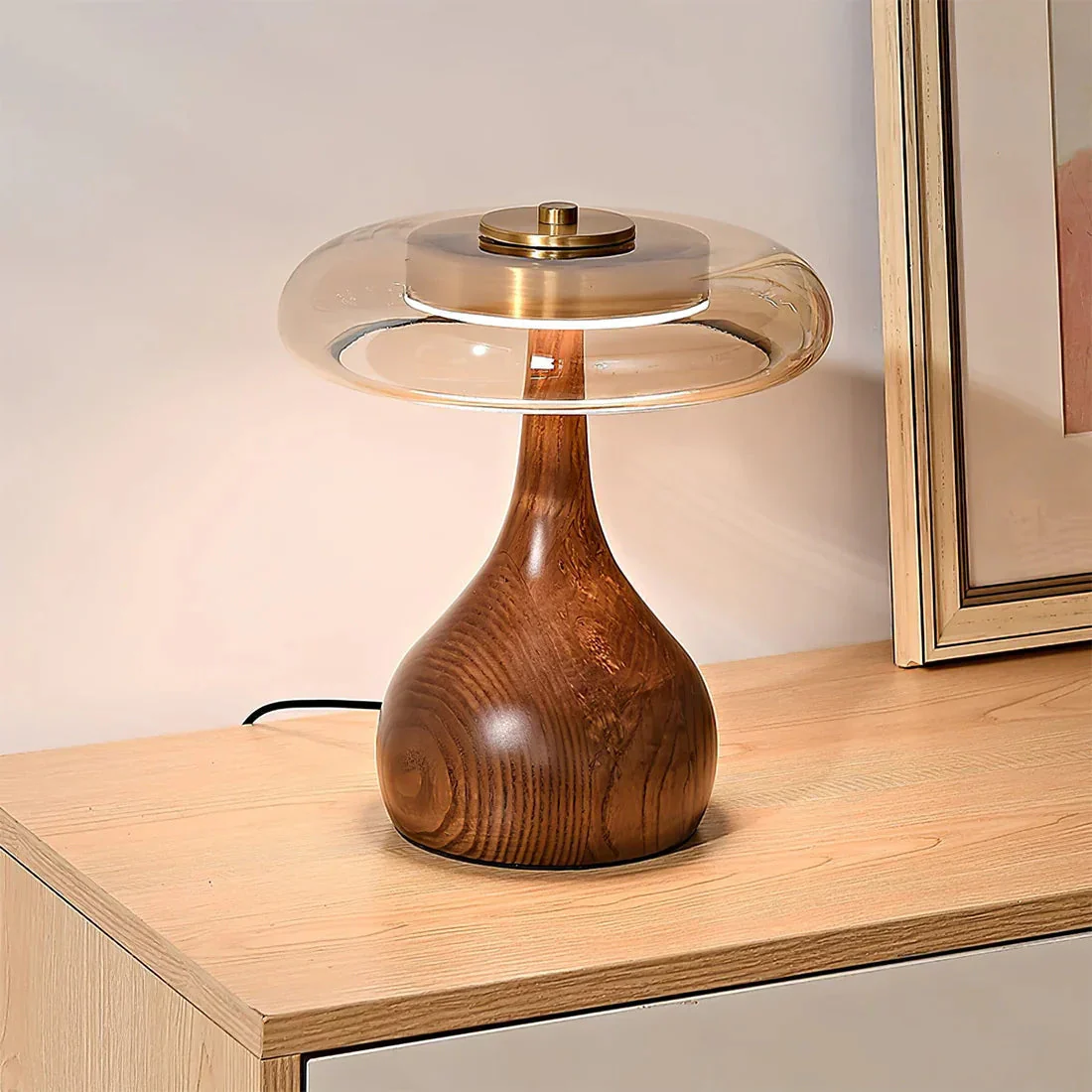 Mid Century Wood Glass Table Lamp LED Dimmable Walnut Disc Light - Image 13