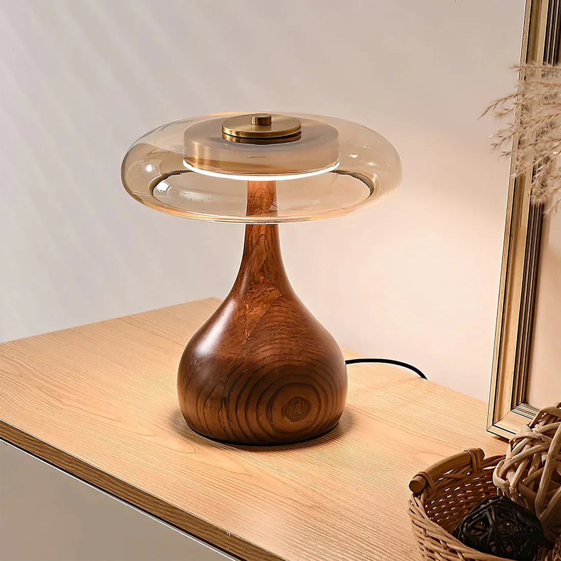 Mid Century Wood Glass Table Lamp LED Dimmable Walnut Disc Light - Image 14