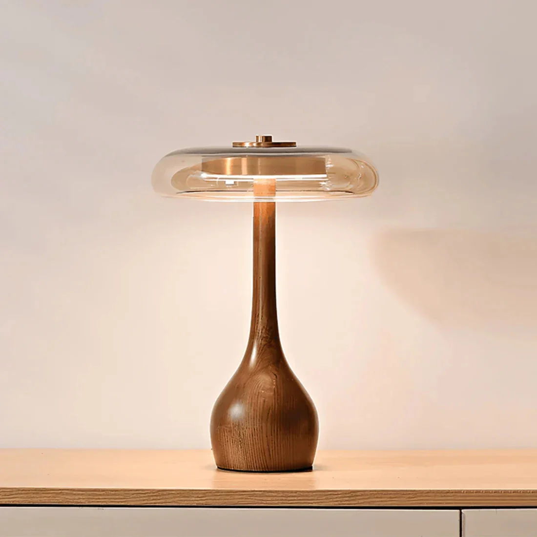 Mid Century Wood Glass Table Lamp LED Dimmable Walnut Disc Light - Image 15