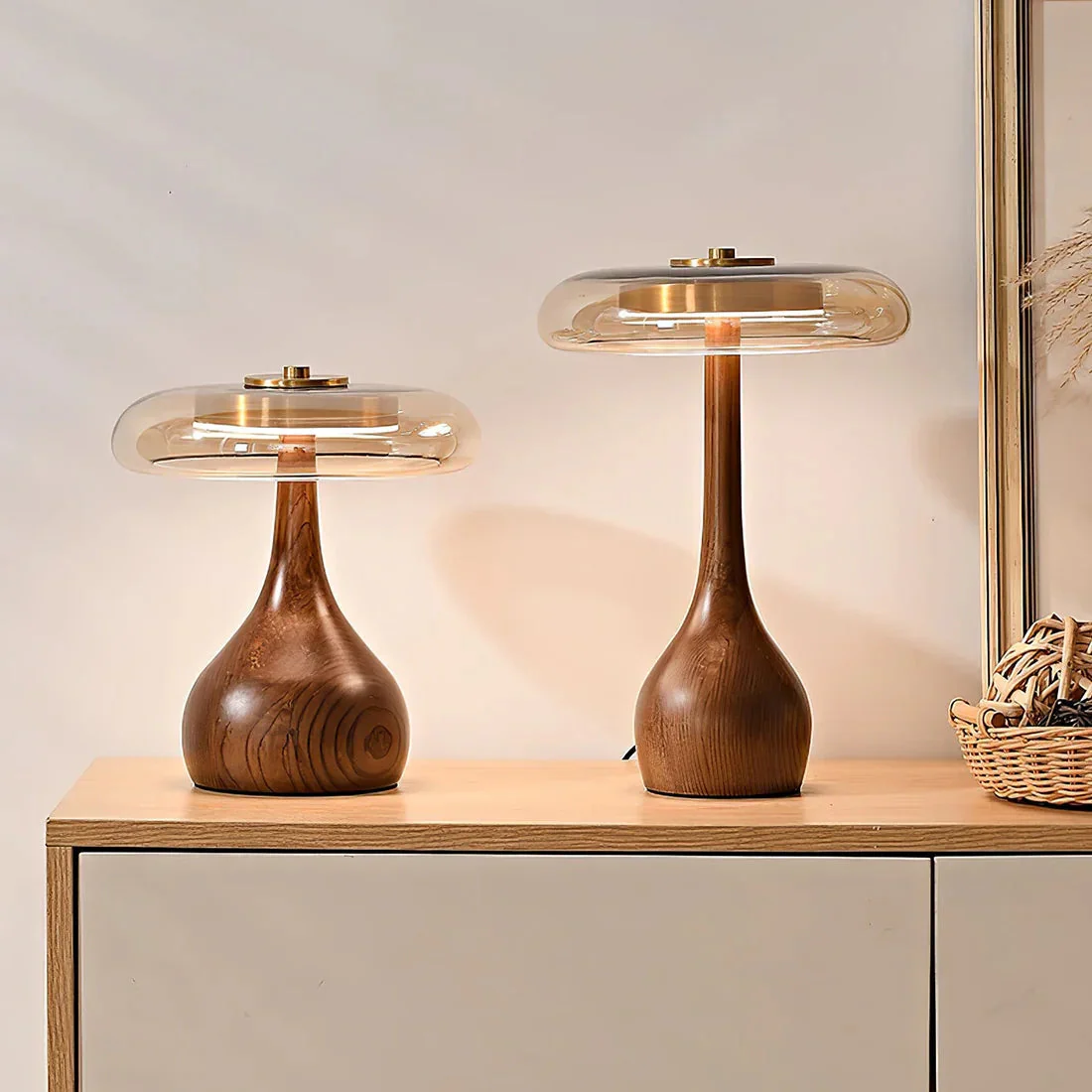 Mid Century Wood Glass Table Lamp LED Dimmable Walnut Disc Light - Image 17