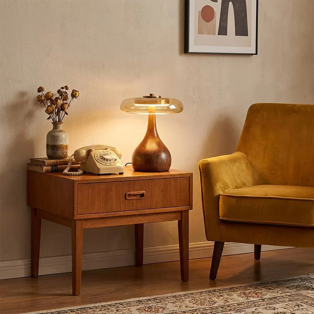 Mid Century Wood Glass Table Lamp LED Dimmable Walnut Disc Light - Image 3