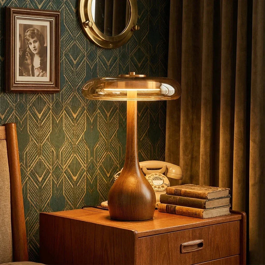 Mid Century Wood Glass Table Lamp LED Dimmable Walnut Disc Light - Image 4
