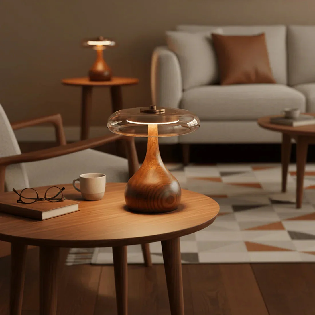 Mid Century Wood Glass Table Lamp LED Dimmable Walnut Disc Light - Image 5