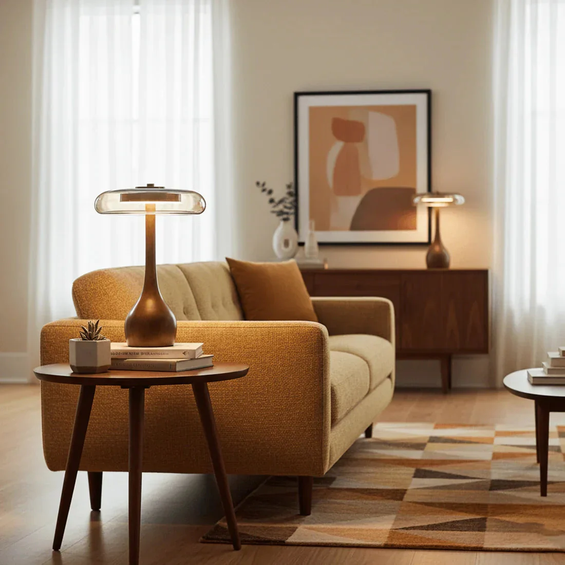 Mid Century Wood Glass Table Lamp LED Dimmable Walnut Disc Light - Image 6