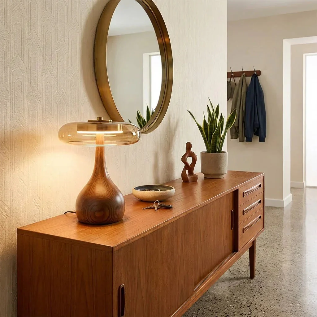Mid Century Wood Glass Table Lamp LED Dimmable Walnut Disc Light - Image 7