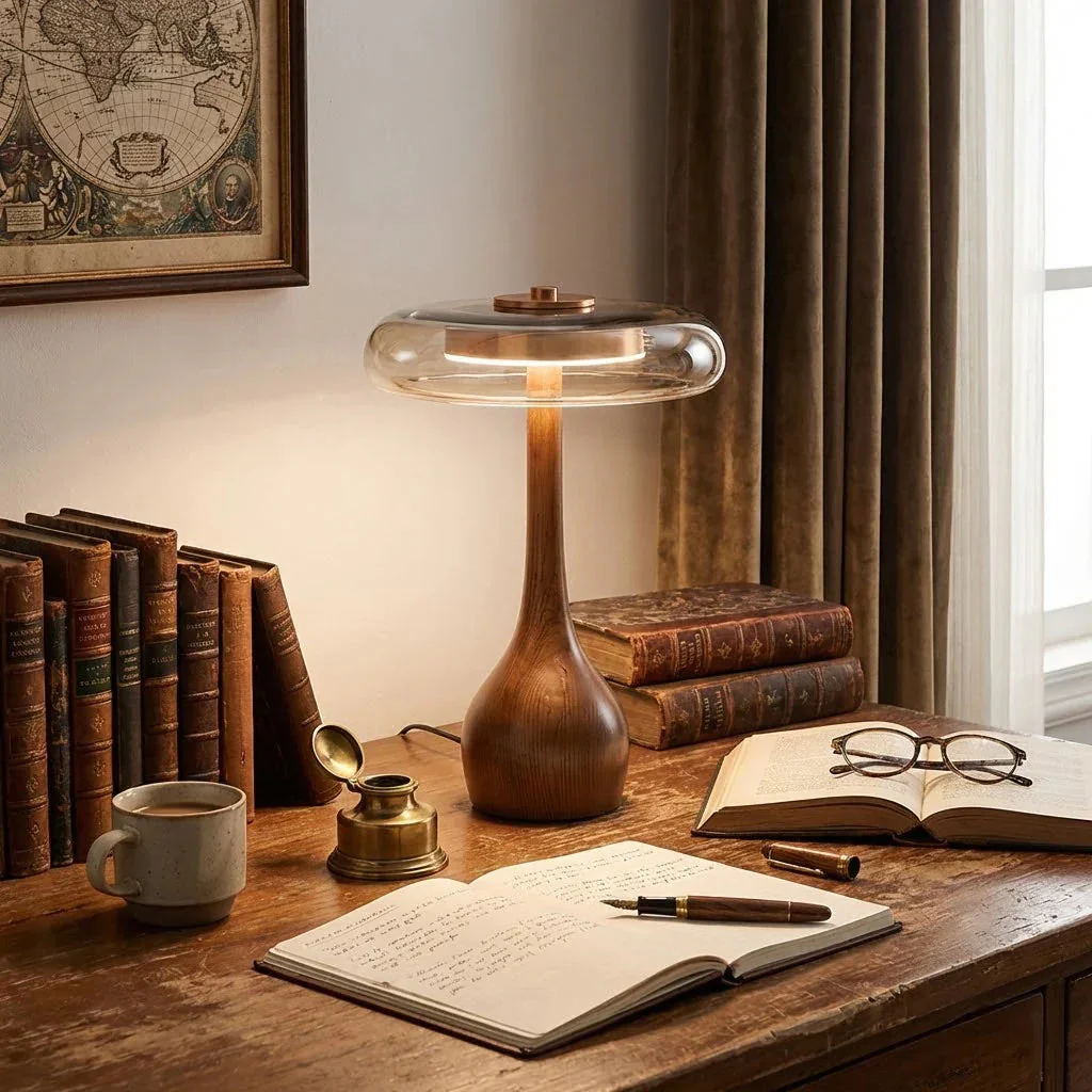 Mid Century Wood Glass Table Lamp LED Dimmable Walnut Disc Light - Image 8