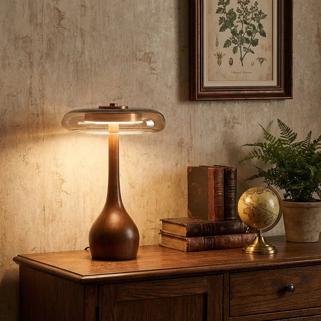 Mid Century Wood Glass Table Lamp LED Dimmable Walnut Disc Light - Image 9