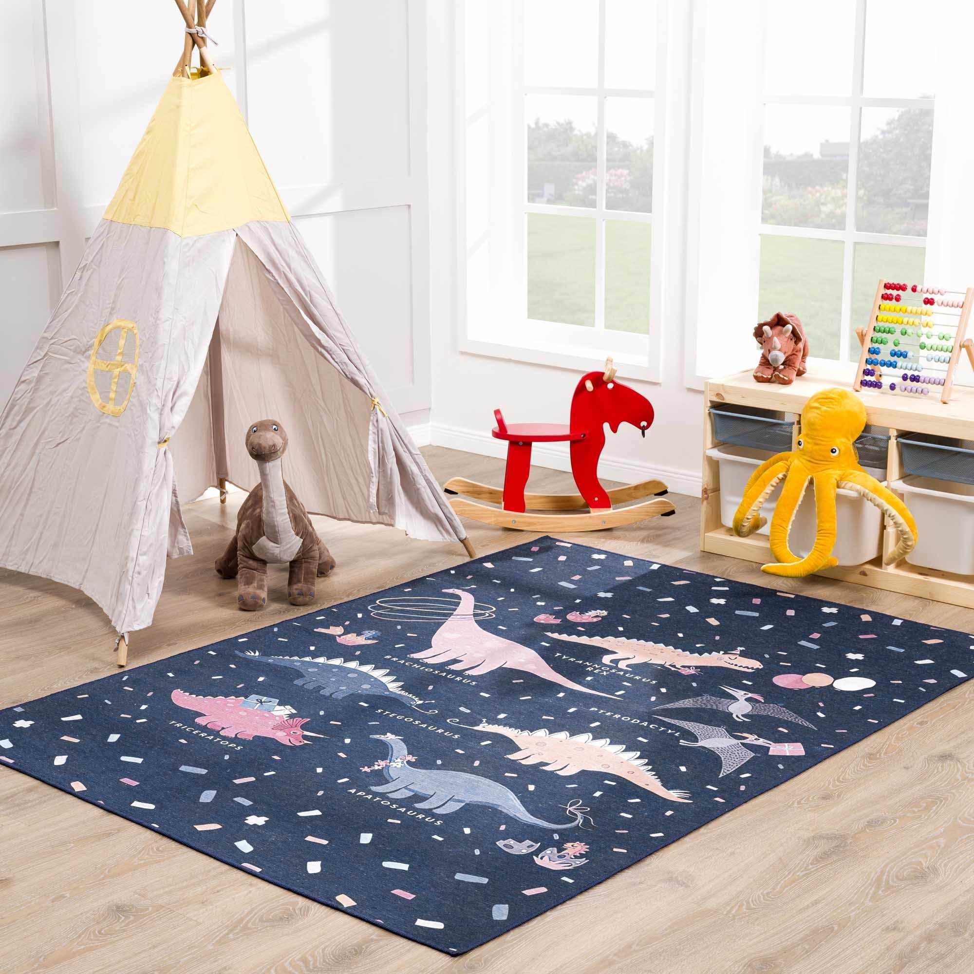 Milne Navy Dinosaur Washable Kids Rug - Clearance - Image 2