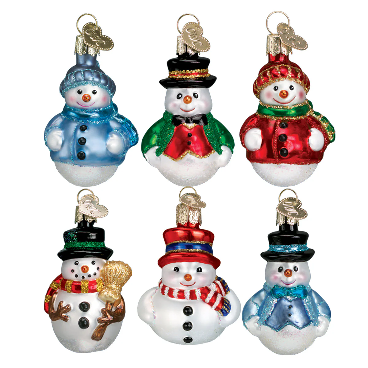 Mini Snowman Ornament Set of 6 Hand-Painted Blown Glass - Image 2