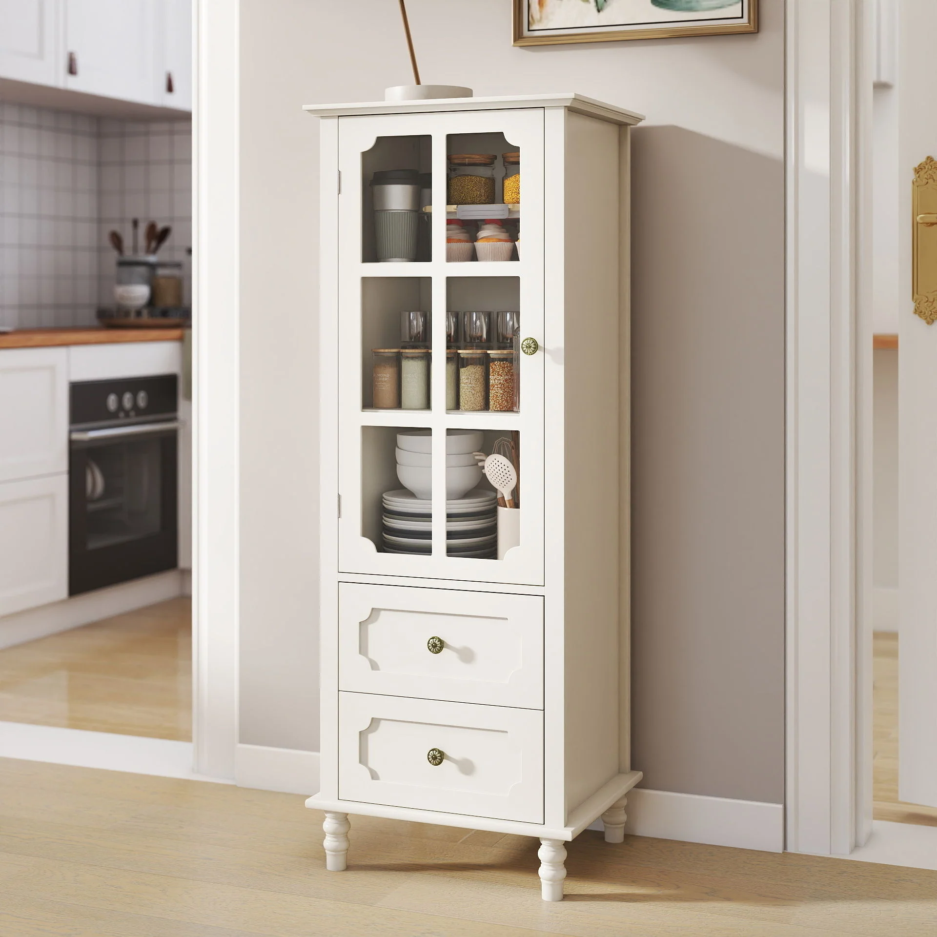 Minimalism Buffet Cabinet With Glass Doors And Double Drawer - Image 3