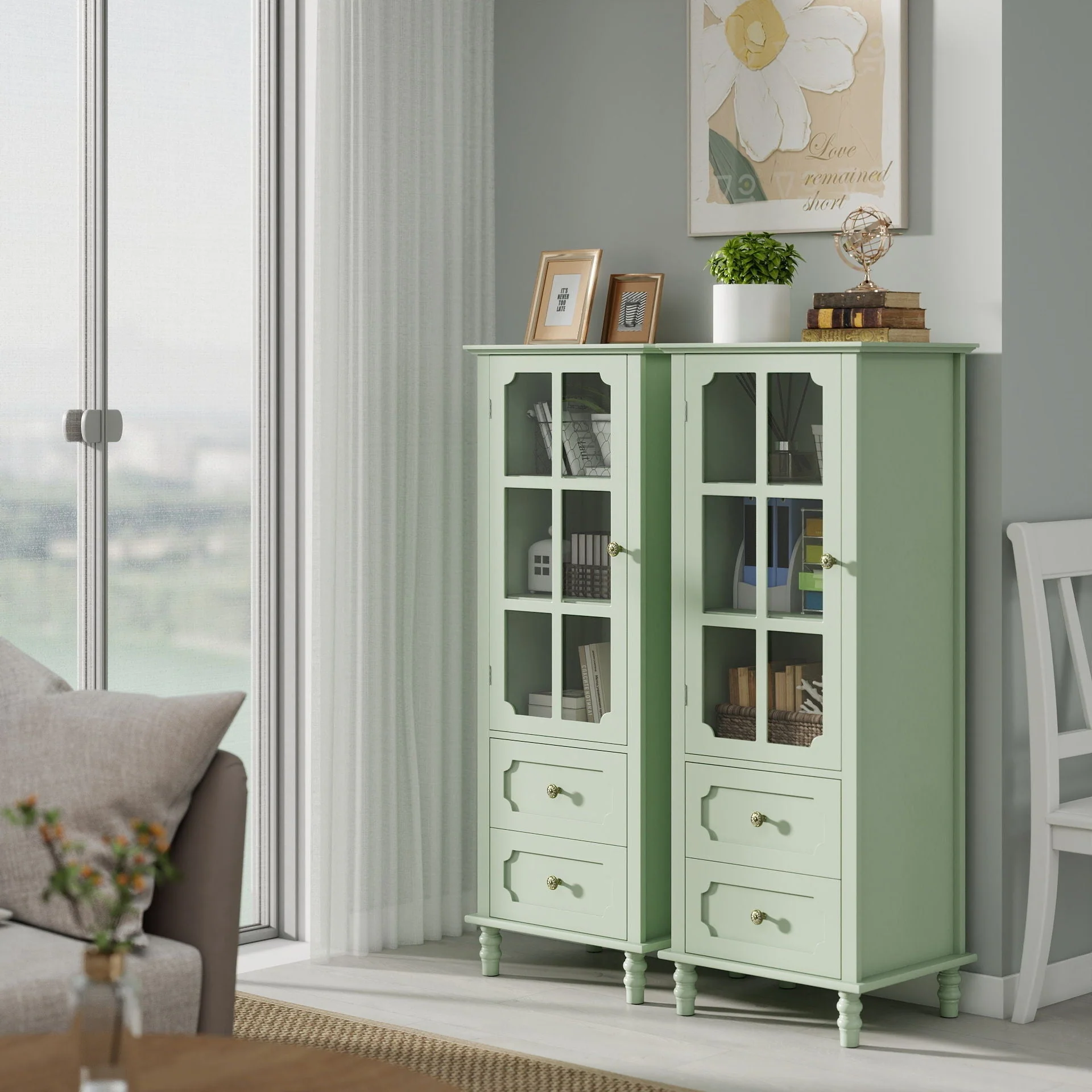 Minimalism Buffet Cabinet With Glass Doors And Double Drawer - Image 5