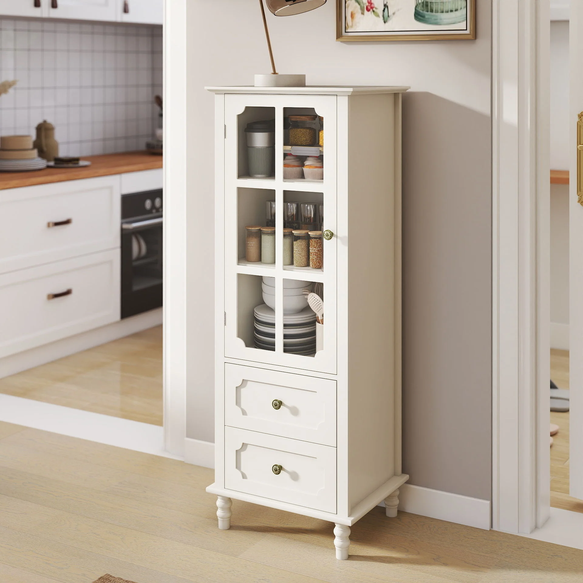 Minimalism Buffet Cabinet With Glass Doors And Double Drawer - Image 6