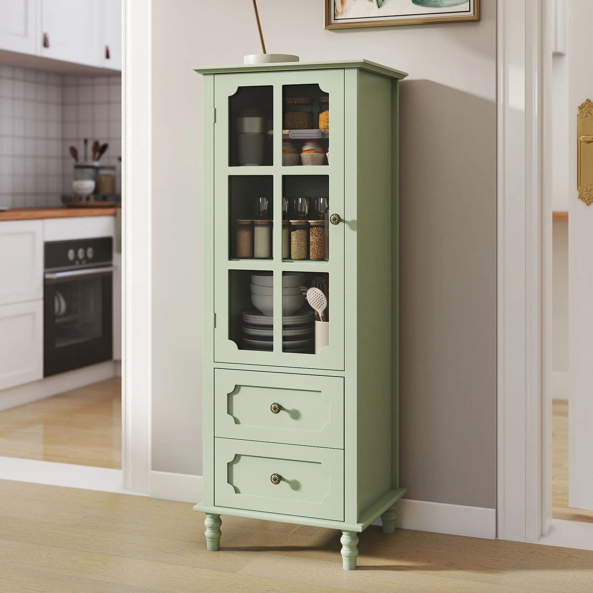Minimalism Buffet Cabinet With Glass Doors And Double Drawer - Image 7